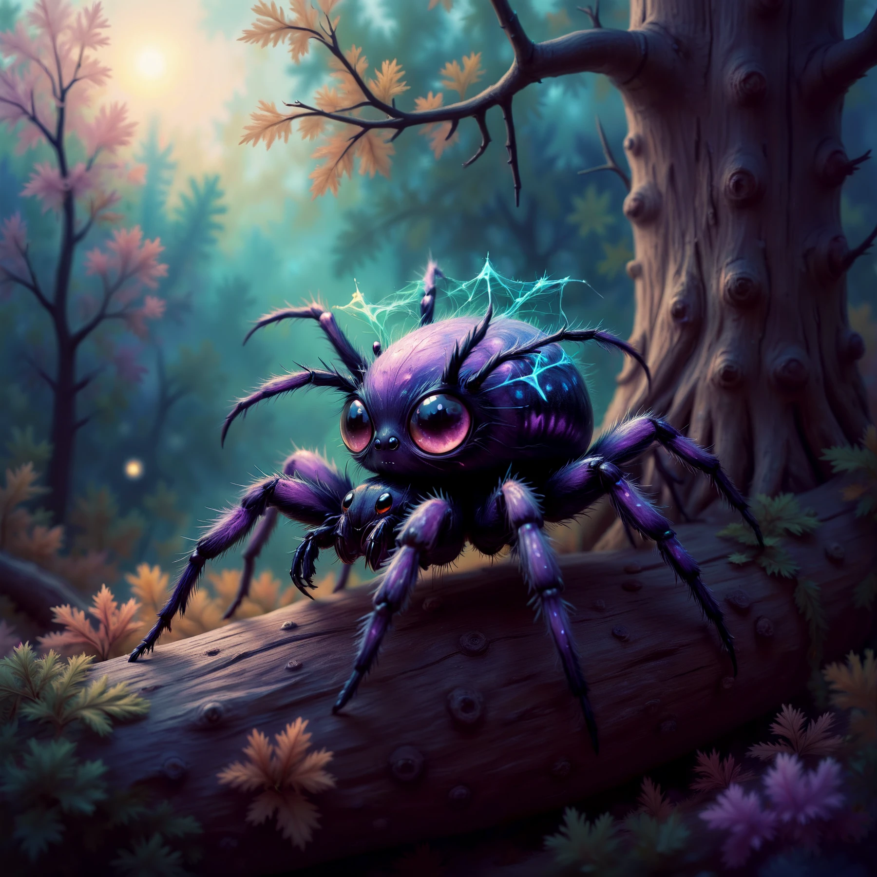 A dark pastel luminous chibi spider in a web on a tree.

Fantasy dreamlike art.

<lora:FantasyPastel01-02_CE_SDXL_64x32x120x2bOT:0.8>
FntsyPstlCE style