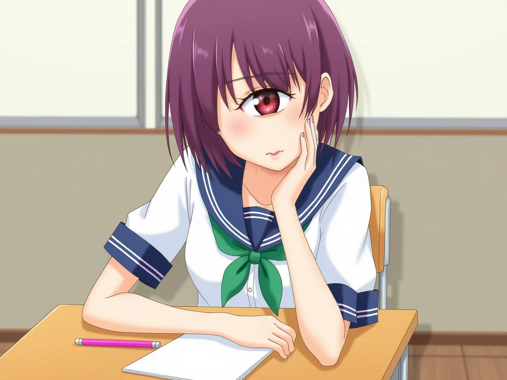 A teenaged one-eyed anime girl is sitting at a desk and is resting her chin on her hand in a classroom setting. She wears school uniform consisting of a shirt with a navy blue sailor collar, a green neckerchief. She has short deep purple hair and a vibrant red eye with thoughtful expression. The desk is equipped with a pink pen and a white notebook.