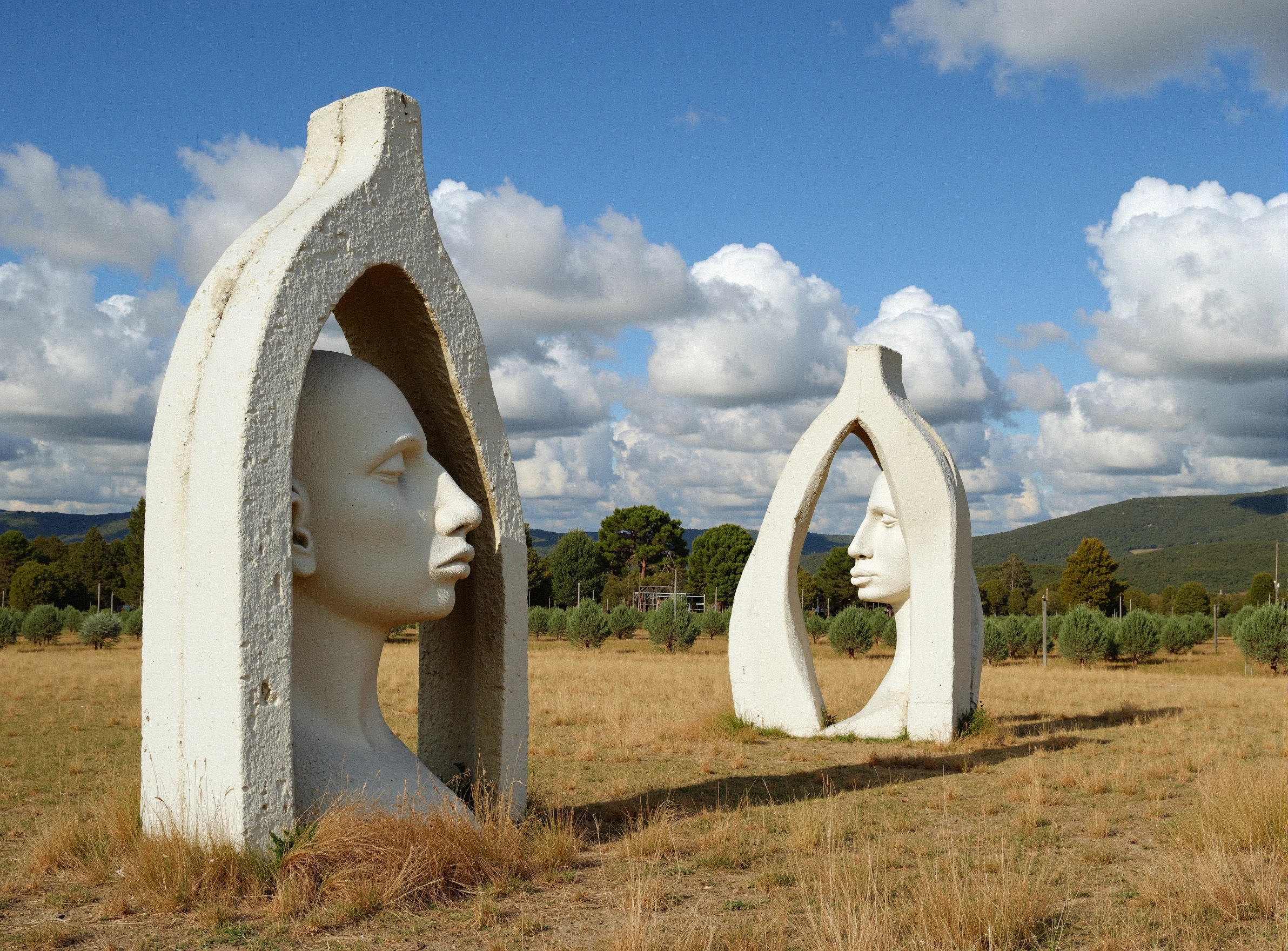 3ighti3s flmft bizarre sculptures of geometric swooping shapes, the designs make optical illusions that appear to be faces but subtle indications of faces, no eyes, no eyeballs. The scene is in an italian countryside 8K