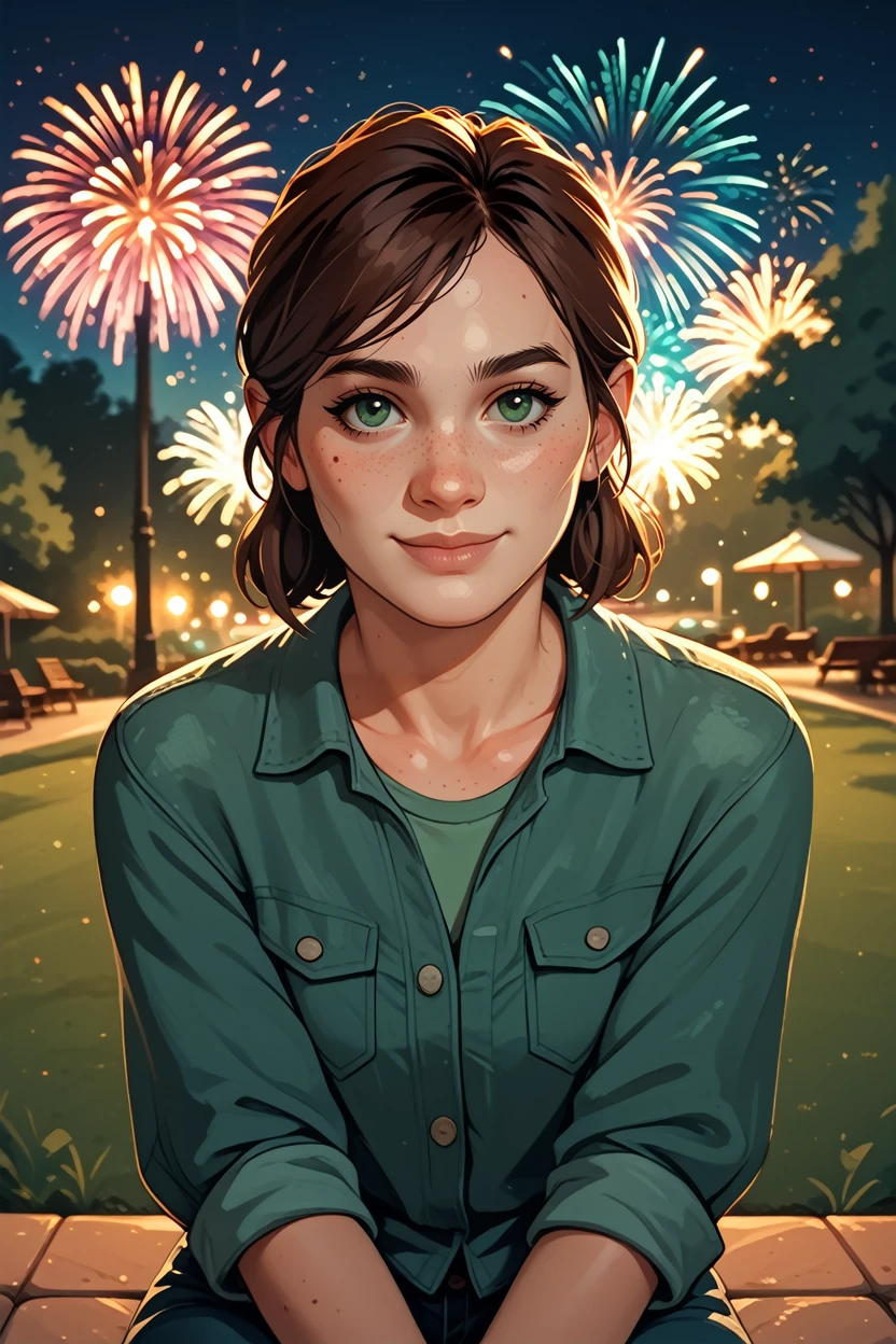 score_9, score_8_up, score_7_up, score_6_up
<lora:TLOU2Ellie:0.8>
TLOU2Ellie, 1girl, brown hair, green eyes, looking at viewer, sitting, at night, fireworks, park, looking up, smile