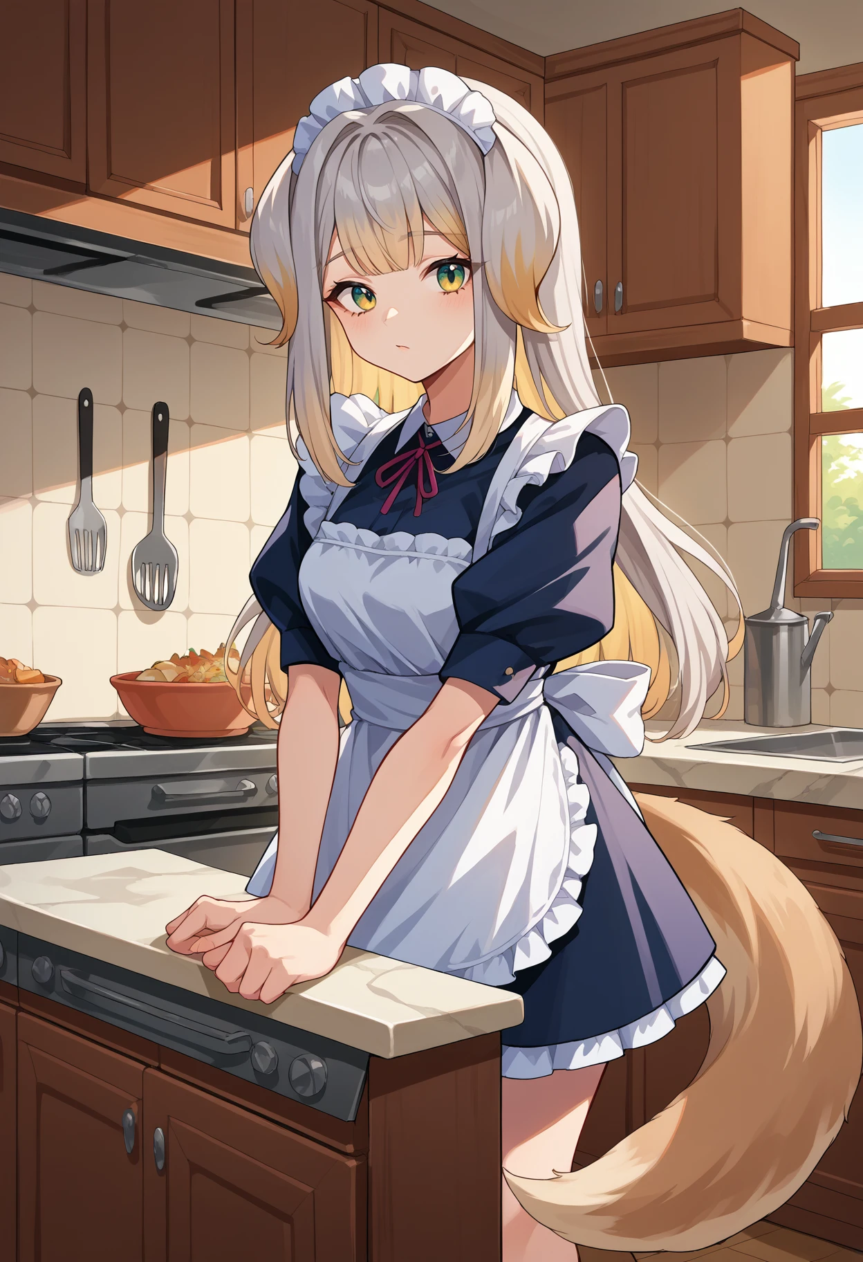 score_9, score_8_up, source_anime, 1girl, solo, RuriShioriha, multicolored eyes, multicolored hair, long hair, animal ears, tail, maid, maid headdress, maid apron, kitchen, <lora:ChamRuriShiorihaPonyXL:1>