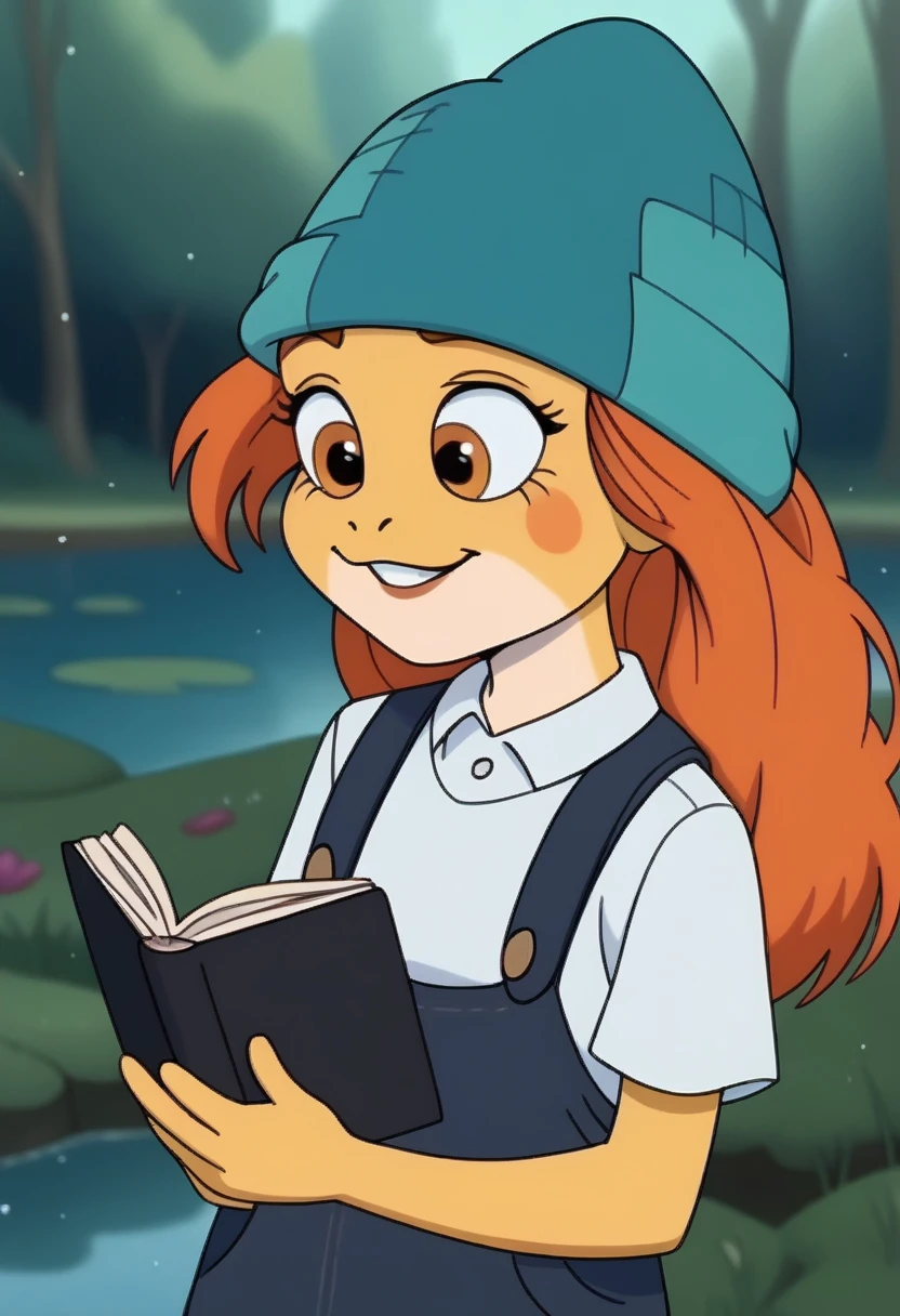 <lora:WesternCartoonClassicDisney100:0.9>   , BREAK, hetero, interspecies, intricate details, high intricate details,
  <lora:Felicia__Ivory_Sundew-000001:1>ivy_sundew, anthro frog, orange hair, yellow_skin,  (white shirt:1.1),  beanie hat,  river,  reading book, zPDXL3, <lora:Pony_QualityV4.0:1.12> zPDXLxxx, zPDXLrl