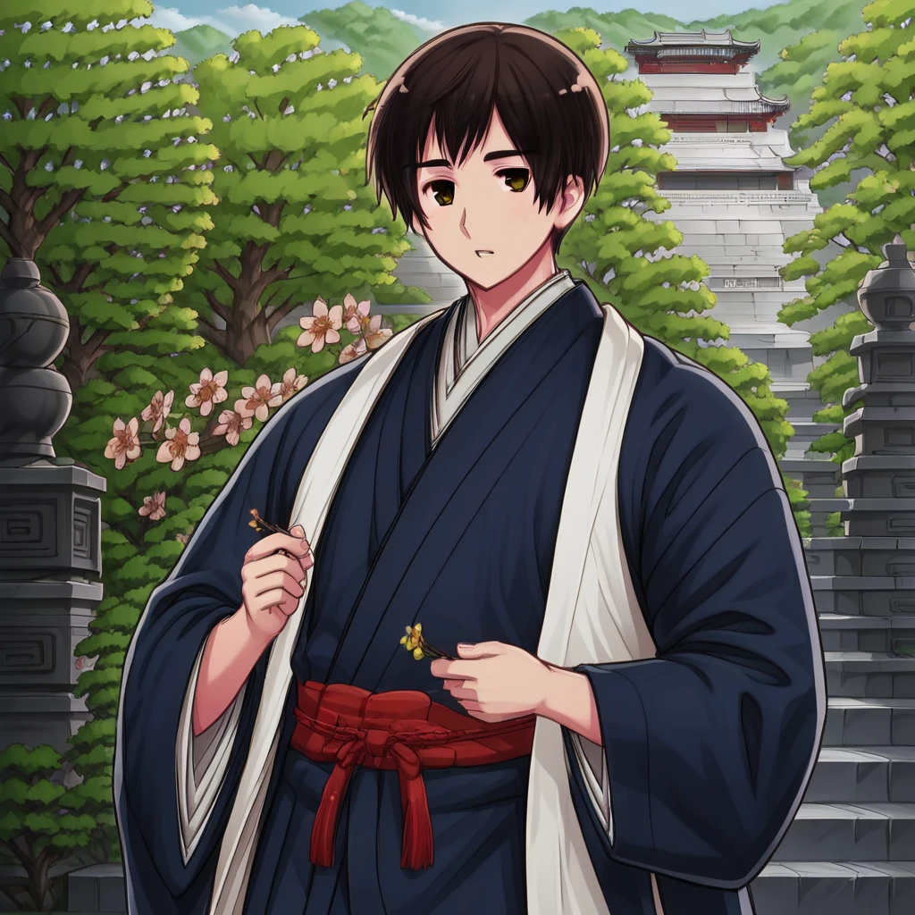 japanese clothes, brown eyes, long sleeves, male focus, looking at viewer, shrine, day, tree, flower, kimono