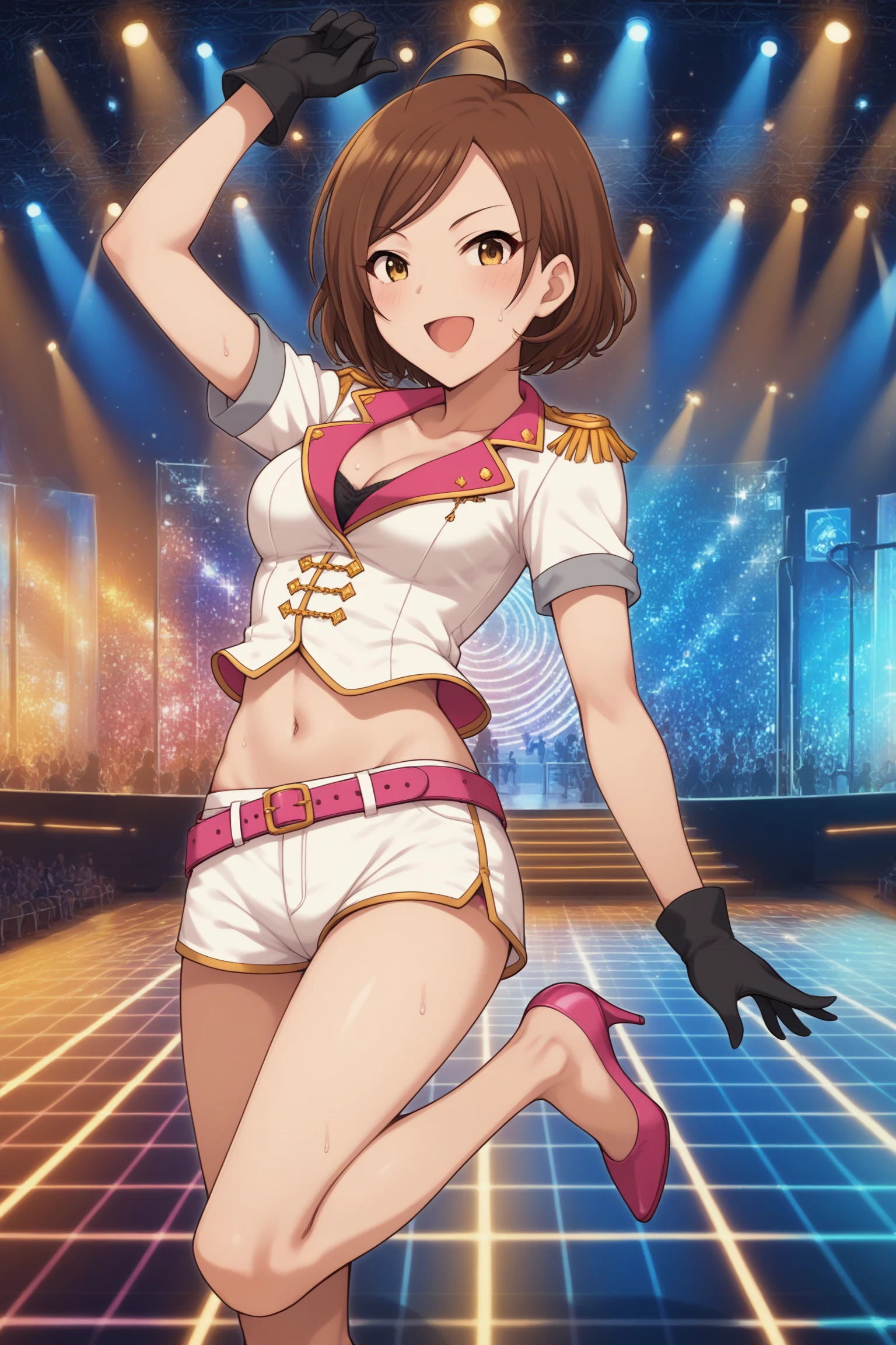 score_9, score_8_up, score_7_up, score_6_up, score_5_up, source_anime, rating_safe, medium breasts, indoors, concert, on stage, hall, 1girl, solo, im yujin, brown hair, short hair, ahoge, yellow eyes, long eyelashes, idolmaster cinderella girls, short sleeves, grey sleeve ends, white midriff, pink two-way collar, gold epaulettes, cleavage, collarbone, navel, shorts, short shorts, white shorts, pink belt, black gloves, pink footwear, high heels, <lora:Yujin_Im:0.8>, dancing, sweat, (dynamic pose:1.2)