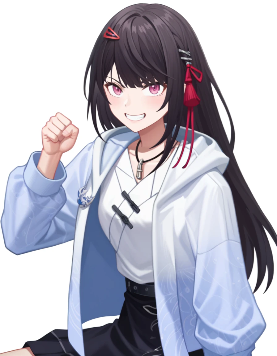 score_9,score_8_up,score_7_up,
simple background,white background,looking at viewer,smile,skirt,black skirt,punching,fist,sitting,<lora:yanzhen_pony2:0.6>,glcyanzhen,1girl,solo,hair ornament,long hair,jacket,necklace,bangs,jewelry,pink eyes,black hair,long sleeves,hood,<lora:Anime_Screencap:1>,anime screencap,