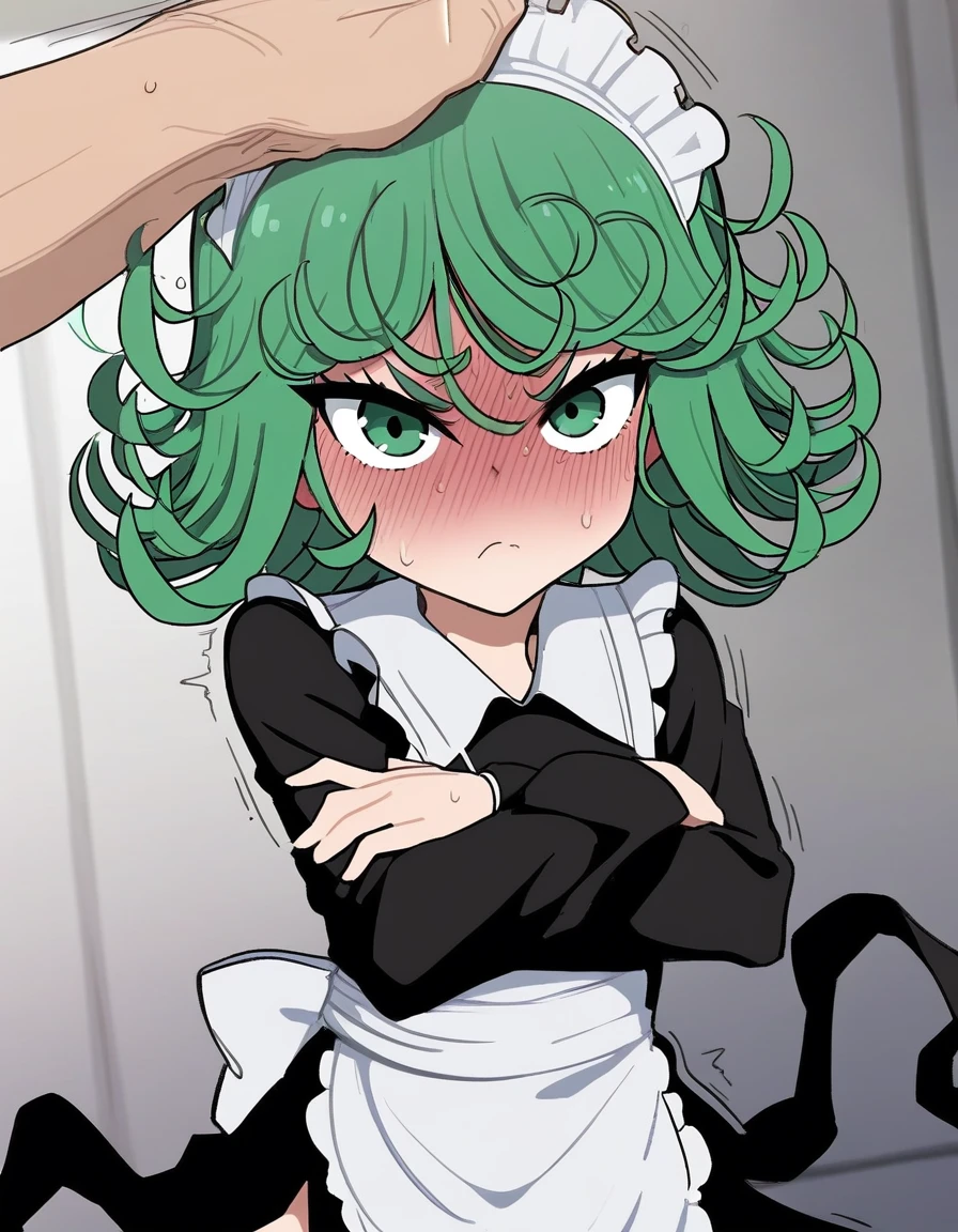 1girl , tatsumaki, maid, full-face blush, frown, sweat, headpat, embarrassed,  <lora:kakure_eria_style_pony6_v1-000038:.8> crossed arms,