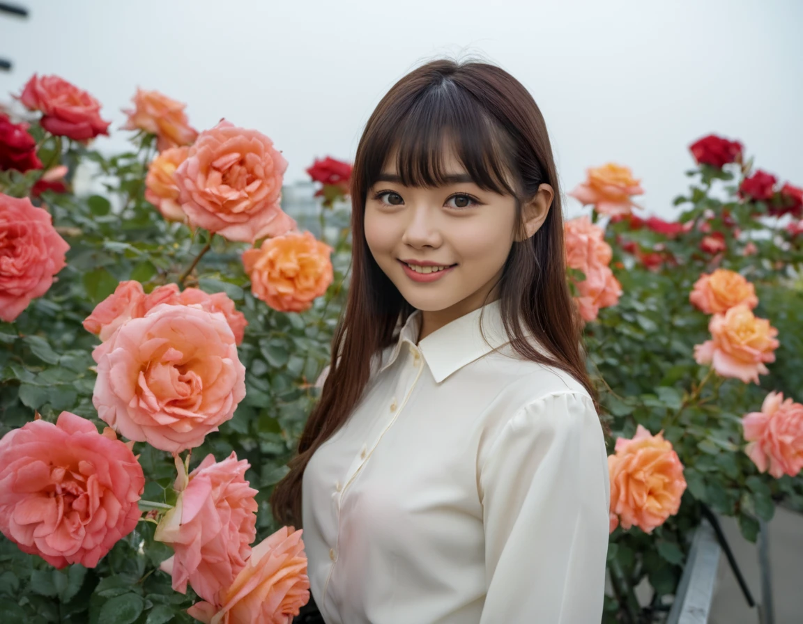 Hight detail RAW color photo, professional photograph, (Strong saturation:2.0),
beautiful japanese woman, 20 yo, (tilt one's head:1.4), Straight long hair with bangs, Big round eyes, smiling,
Long sleeve collared blouse and A Pleated loose skirt,
Colorful flowers blooming, An incredible amount of roses,<lora:roseyard-10:1>