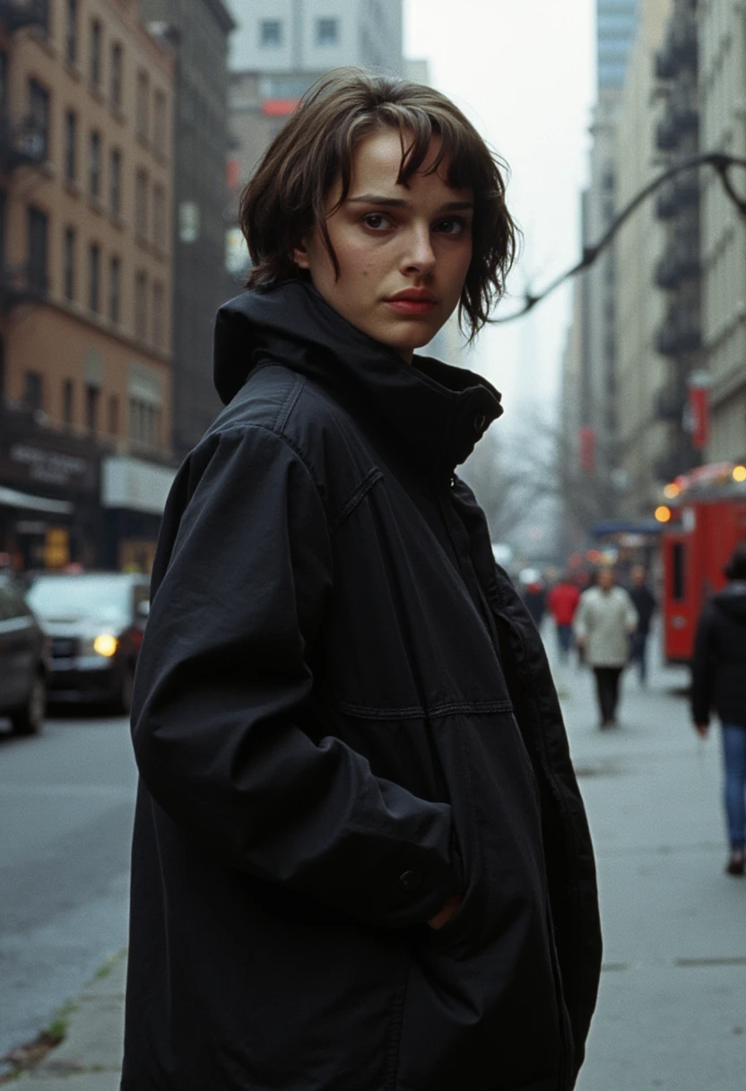 raw photo of a 18 year old natalie portman standing in 1994 new york city, she has black sleek bobcut, she is wearing an oversized jacket