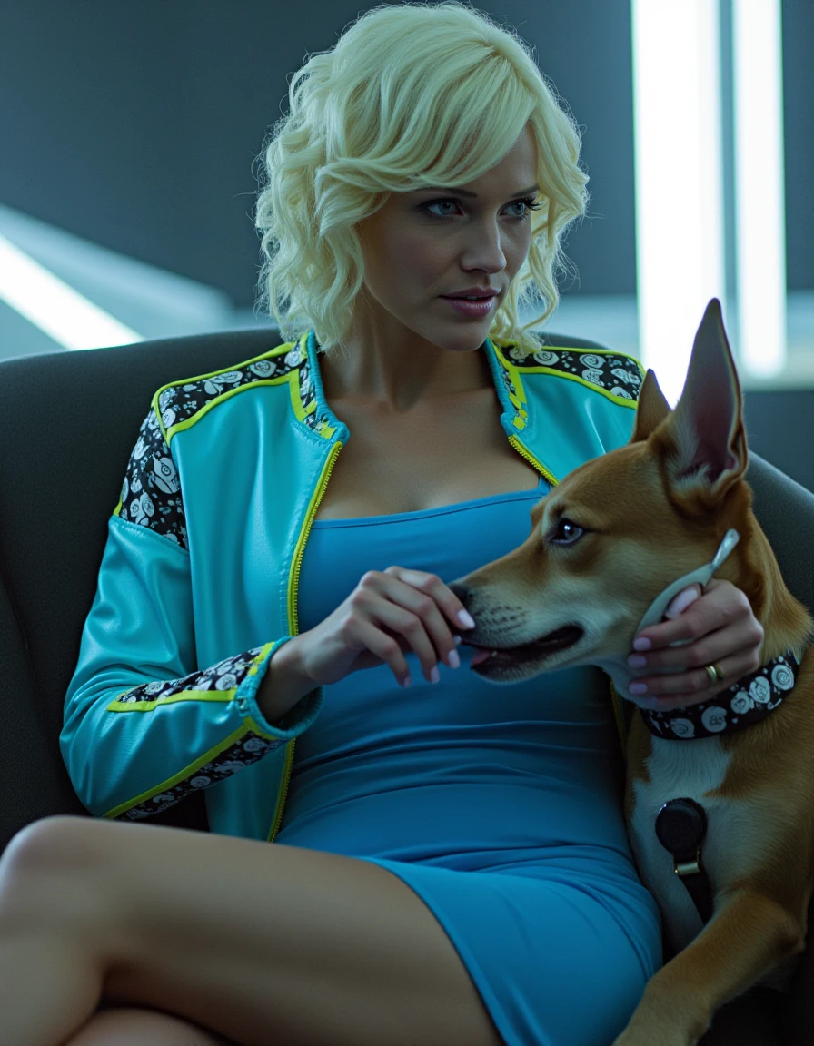 Beautiful woman, Numbersix, wearing a (blue dress), neon jacket, blonde hair, is petting a dog while sitting on a futuristic couch, <lora:numbersix-000007:1>