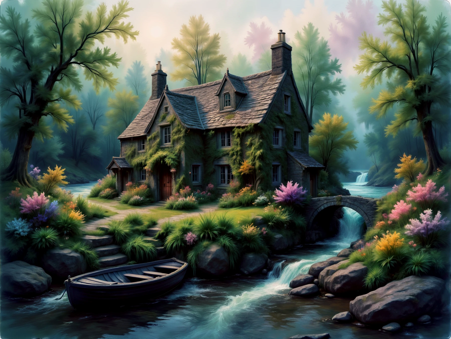 A pastel landscape. A rustic dark stone cottage by a river, a boat on the river below small rapids and waterfall. Ivy-covered walls.

Fantasy dreamlike art.

<lora:FantasyPastel01-02_CE_SDXL_64x32x120x2bOT:0.8>
FntsyPstlCE style