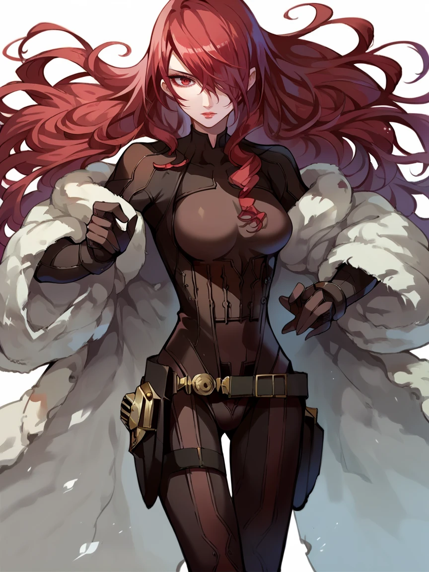 score_9, score_8_up, score_7_up, score_6_up, score_5_up,   <lora:mitsuruXLP:1> mitsuru, 1girl, solo, red hair, long hair, hair over one eye, red eyes, bodysuit, fur coat