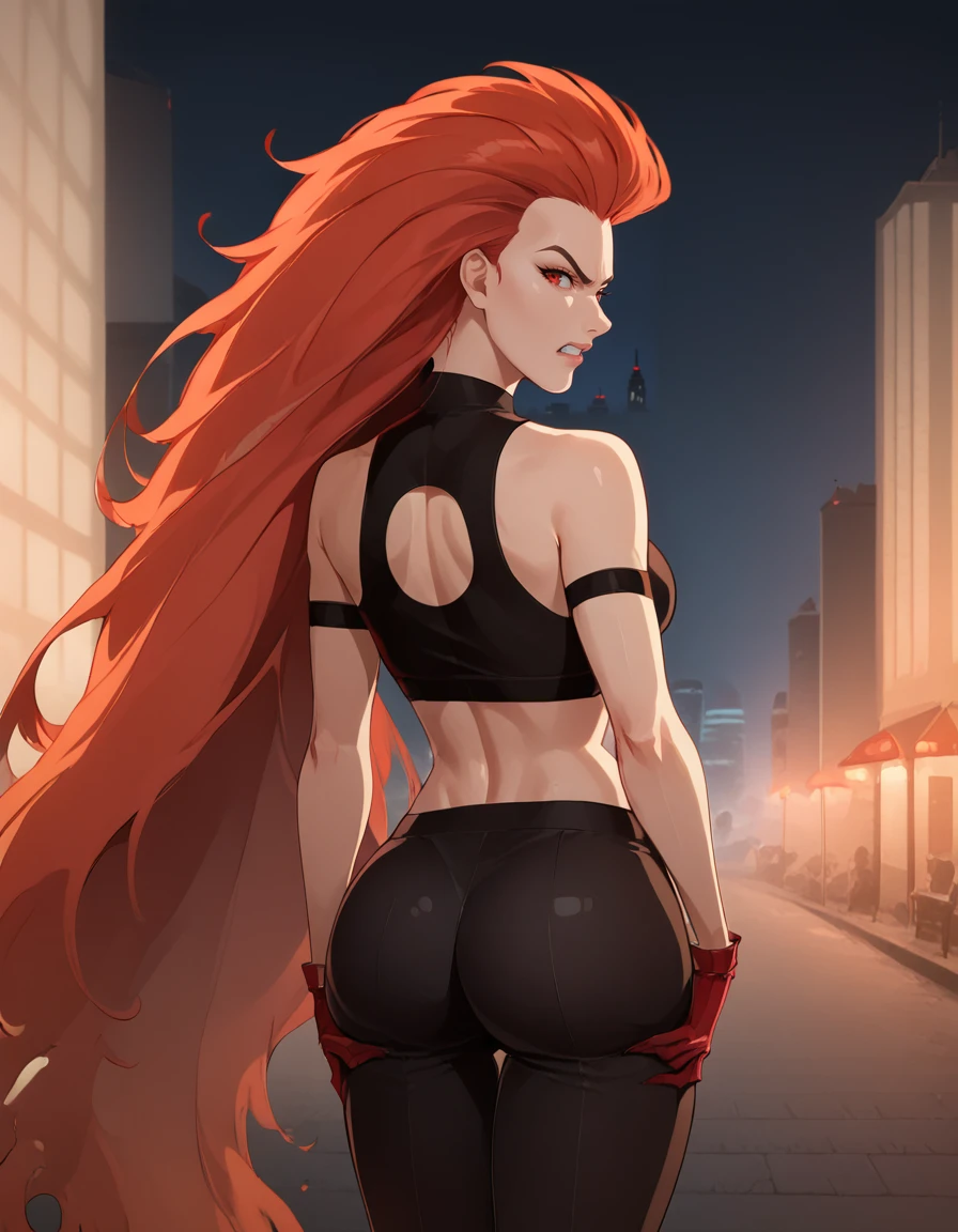 Ugly score_9, score_8, score_7, 1girl, solo, angry expression, cowboy shot, clothing cutout, black bralette, midriff, gloves, very long hair, red hair, red eyes,  black pants, night, night sky, cityscape, standing, big hair, cleavage, full body, shiny, showing ass, looking back, lifting ass,  <lora:Vulcana-000013:1> , <lora:ninjartist_v3:0.5>,  <lora:Expressive_H:0.5> Expressiveh