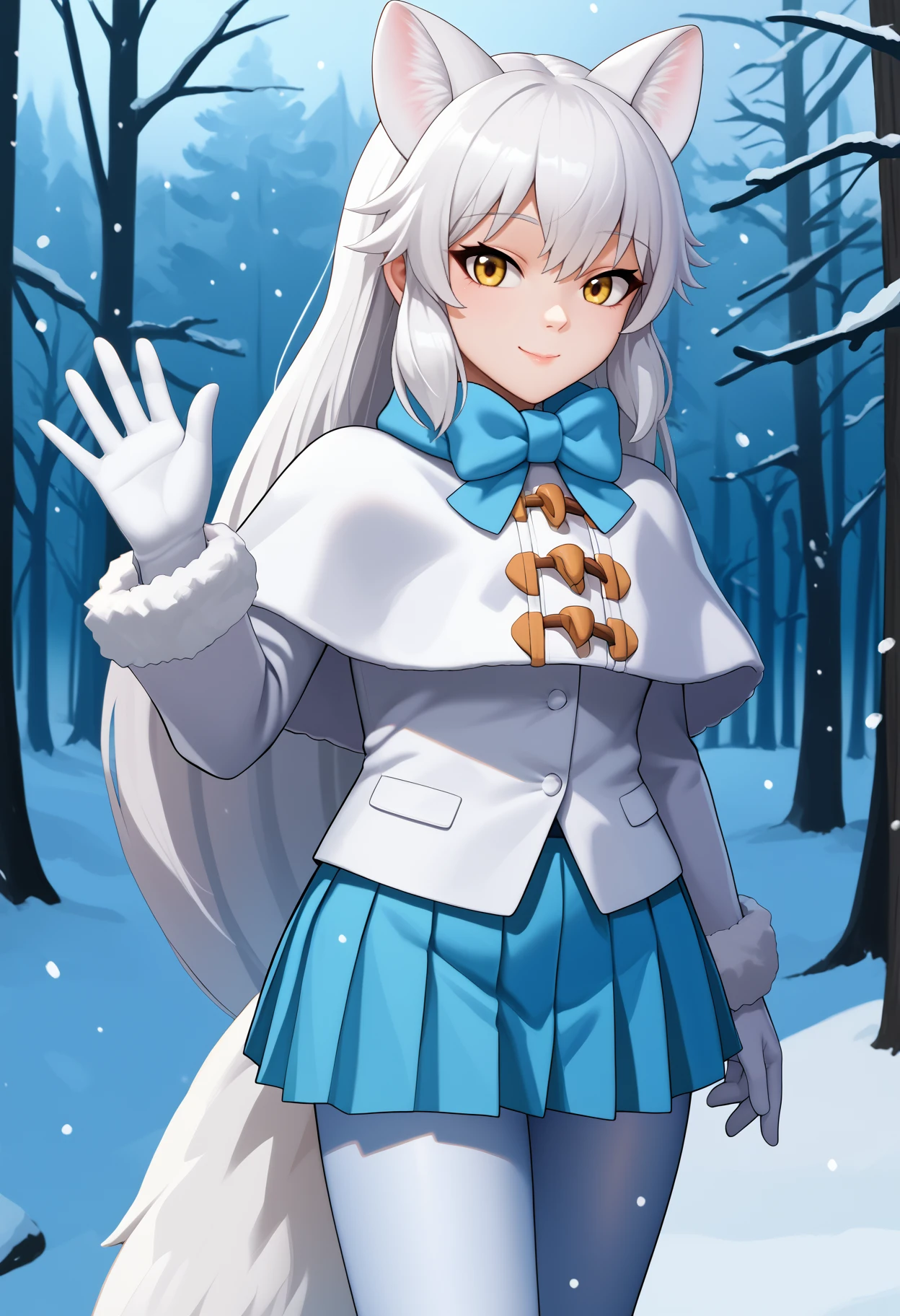 score_9, score_8_up, score_7_up, source_anime, <break> solo, 1girl, arct1cf0x, fox tail, smile, looking at you, standing, waving, white hair, animal ears, extra ears, yellow eyes, fur trim, white capelet, white coat, blue bowtie, long sleeves, white gloves, blue skirt, pleated skirt, white pantyhose, snowing, outdoors, forest
<segment:yolo-face_yolov8m.pt,0.4,0.5//cid=1>