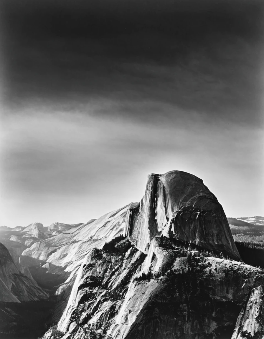 b&w photograph of half dome, yosemite,  close up, dark sky, <lora:Ansel_Adams_style:0.6> anseladams