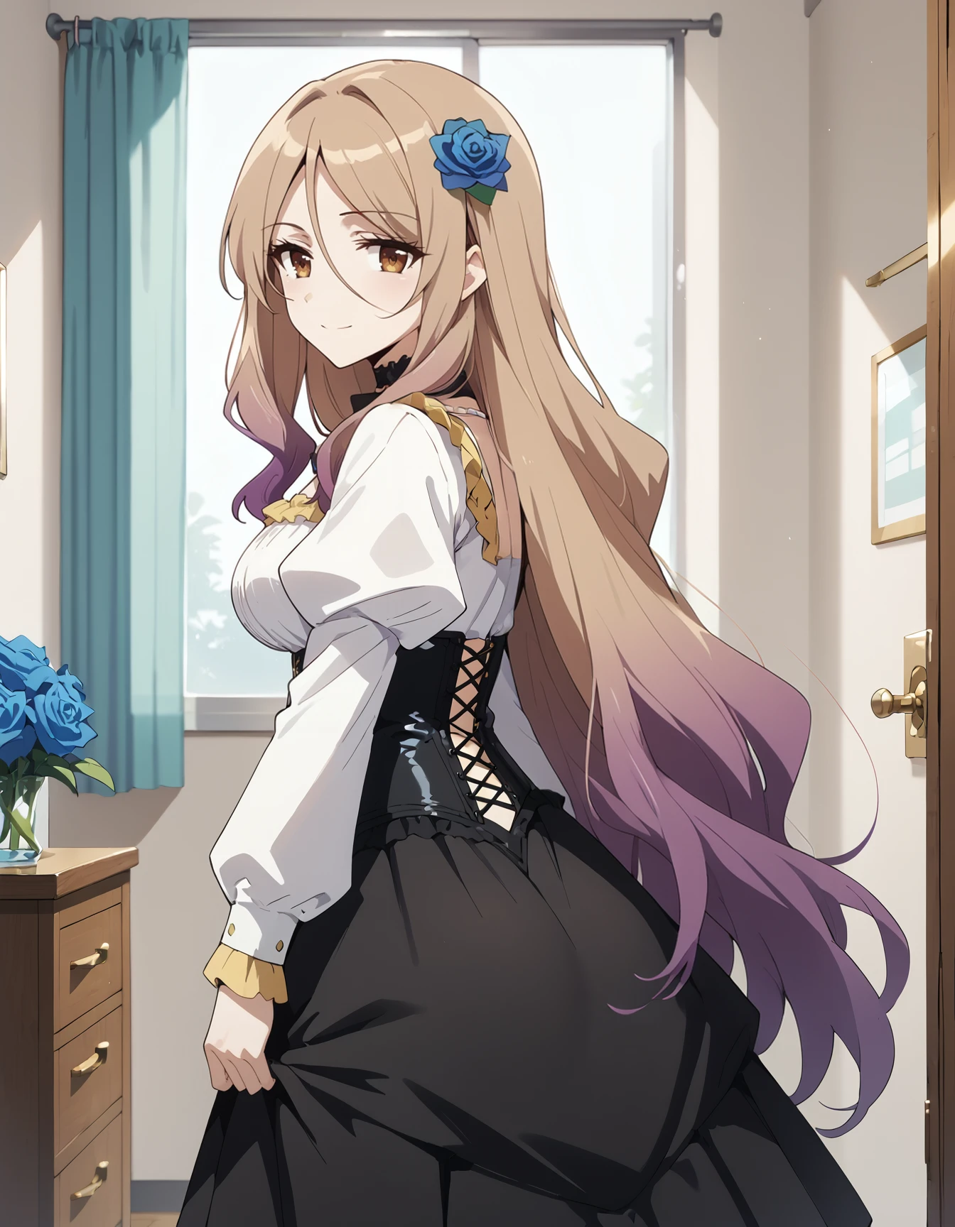 (score_9, score_8_up,score_7_up,source_anime,anime),solo,1girl,<lora:Quele:0.9> Quele,long hair,light brown hair,brown eyes,purple hair,gradient hair,hair ornament,blue rose,large breasts,
,light smile
BREAK
white sleeves,puffy sleeves,black dress,(yellow frills),choker,black corset, 
,cowboy shot,Standing,fitting room,curtains
BREAK 
looking at viewer,from behind  <lora:NoctFlatStyleV4:0.6>