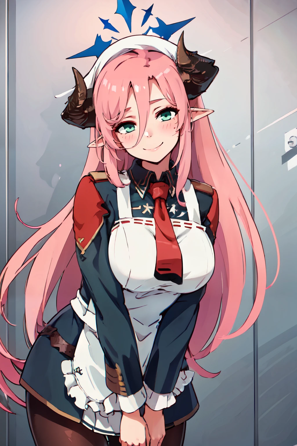 ((masterpiece,best quality)), absurdres,  BREAK, , <lora:Juri_BlueArchive_Citron:0.8>, zzJuri, horns, long hair, pink hair, pointy ears, hair between eyes, halo, demon horns, very long hair, large breasts, green eyes, solo, long sleeves, white apron, red necktie, black pantyhose, , BREAK, leaning forward, head tilt, blush, upper body,, BREAK, solo, smile, looking at viewer, cowboy shot,