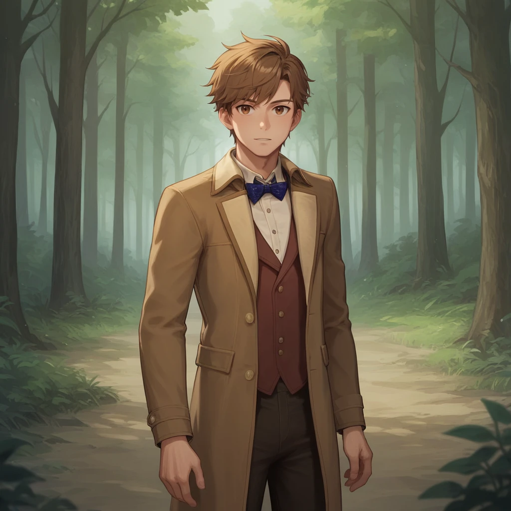 score_9_up, score_8_up, BREAK, StarterOutfit, MaleOutfit, 1boy, solo, brown hair, short hair, brown eyes, shirt, blue bowtie,  vest, long coat, dark pants, cowboy shot, outdoors, forest,  <lora:HogwartsLegacy_StarterOutfit_PXL_Leaf1:1>, looking at viewer,