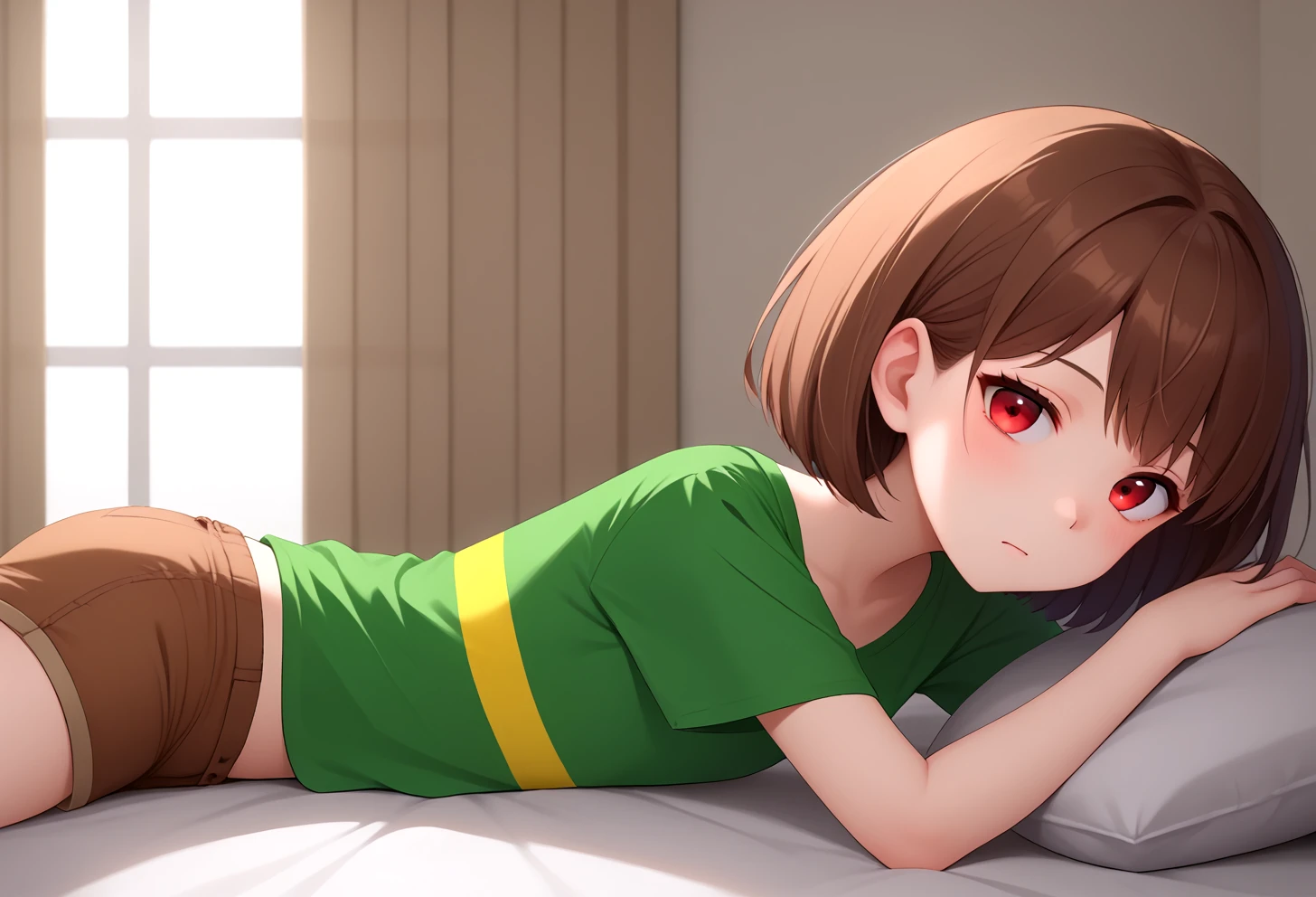 solo, 1girl, <lora:charalorac130:0.9>, solo, green shirt, short sleeves, yellow striped, red eyes, brown hair, short hair, brown shorts, shorts, lying, on stomach, on bed, from side, side view,
<lora:STYL-Expressive_H-000001:0.1>,
<lora:STYL-style_blend_25d_528_d32:0.4>, <lora:STYL-Smooth Anime Style LoRA XL:0.2>, BREAK
score_9, score_8_up, score_7_up, beautiful background, indoor, bedroom, bed,