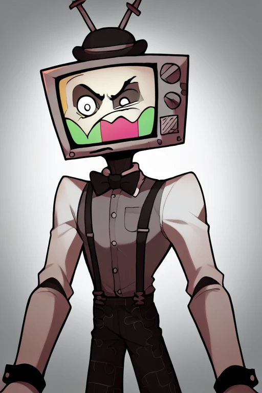 2D, score_9, score_8_up, score_7_up, BREAK, 1boy, solo, MrPuzzles, TV Head, Grey Shirt, White Sleeves, Suspenders, Black Pants, Bow Tie, Bowler Hat, angry