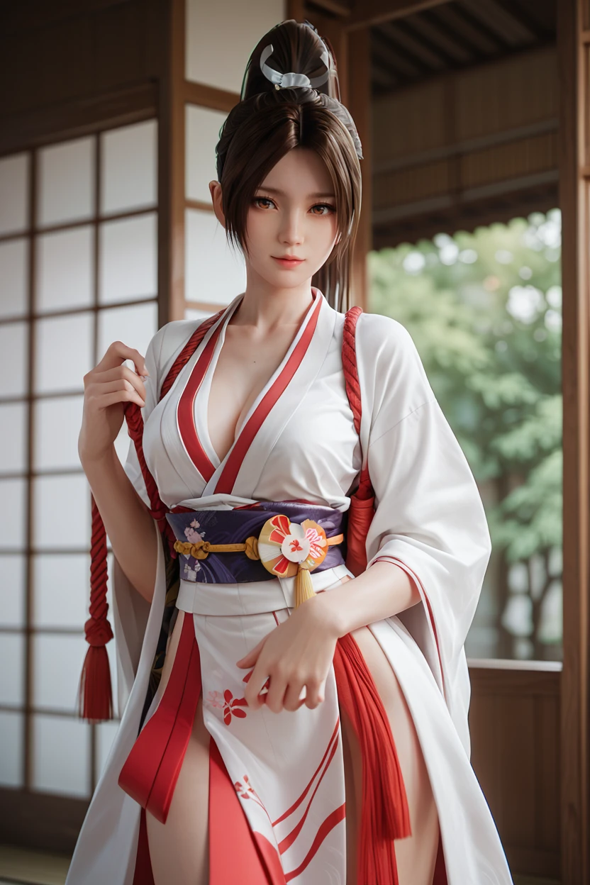 <lora:doa_shiranui_mai:0.9> shiranui mai, miko outfit, pelvic curtain, sash, obi, kimono, japanese clothes, score_9, score_8_up, score_7_up, zPDXL3