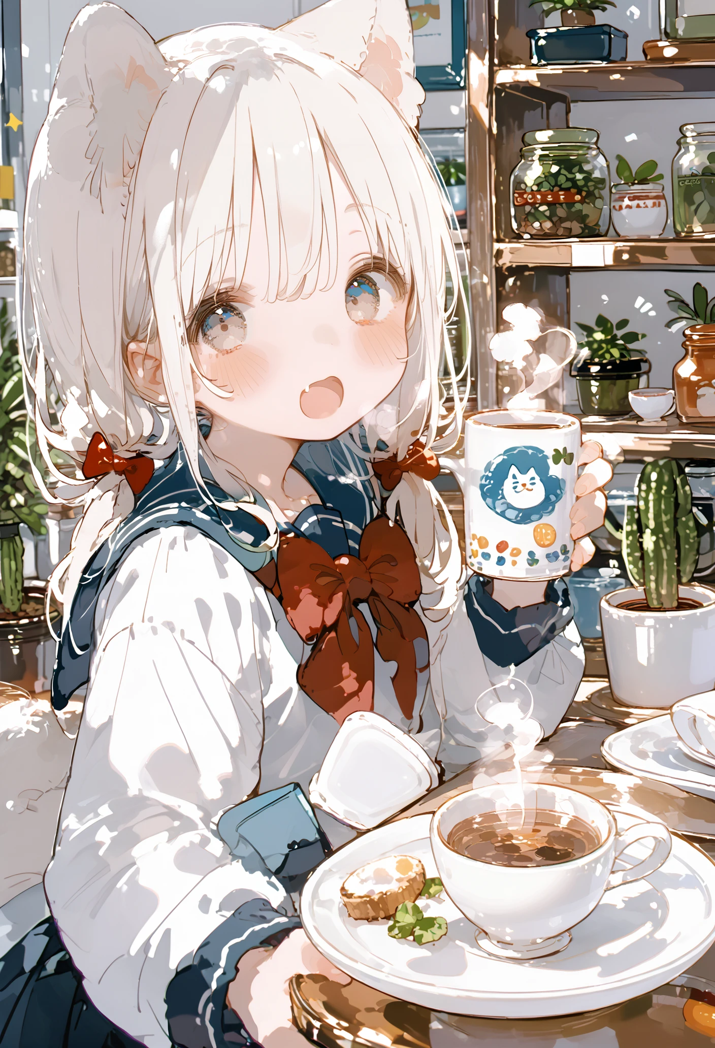 score_9, score_8_up, score_7_up, best quality, source_anime BREAK, ima_AI123, 1girl, red bow, white hair, animal ears, open mouth, white shirt, potted plant, cup, blue sailor collar, blush, looking at viewer, steam, food, long hair, animal ear fluff, hair bow, school uniform, long sleeves, red bowtie, !, serafuku, :o, holding, upper body, indoors, blue bow, grey eyes, low twintails, coffee, teacup, cat girl, drink, sidelocks, bowl, plate, sleeve cuffs, tareme, jar, shelf, tea, cactus, saucer, <lora:ima_AI123:1>