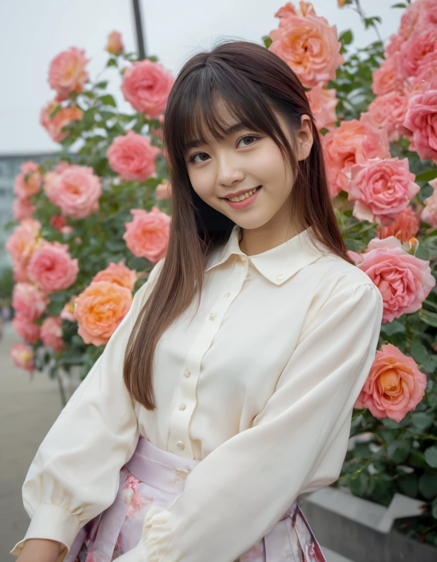 Hight detail RAW color photo, professional photograph, (Strong saturation:2.0),
beautiful japanese woman, 20 yo, (tilt one's head:1.4), Straight long hair with bangs, Big round eyes, smiling,
Long sleeve collared Plain blouse and A Pleated loose skirt,
Colorful flowers blooming, An incredible amount of roses,<lora:roseyard:1>