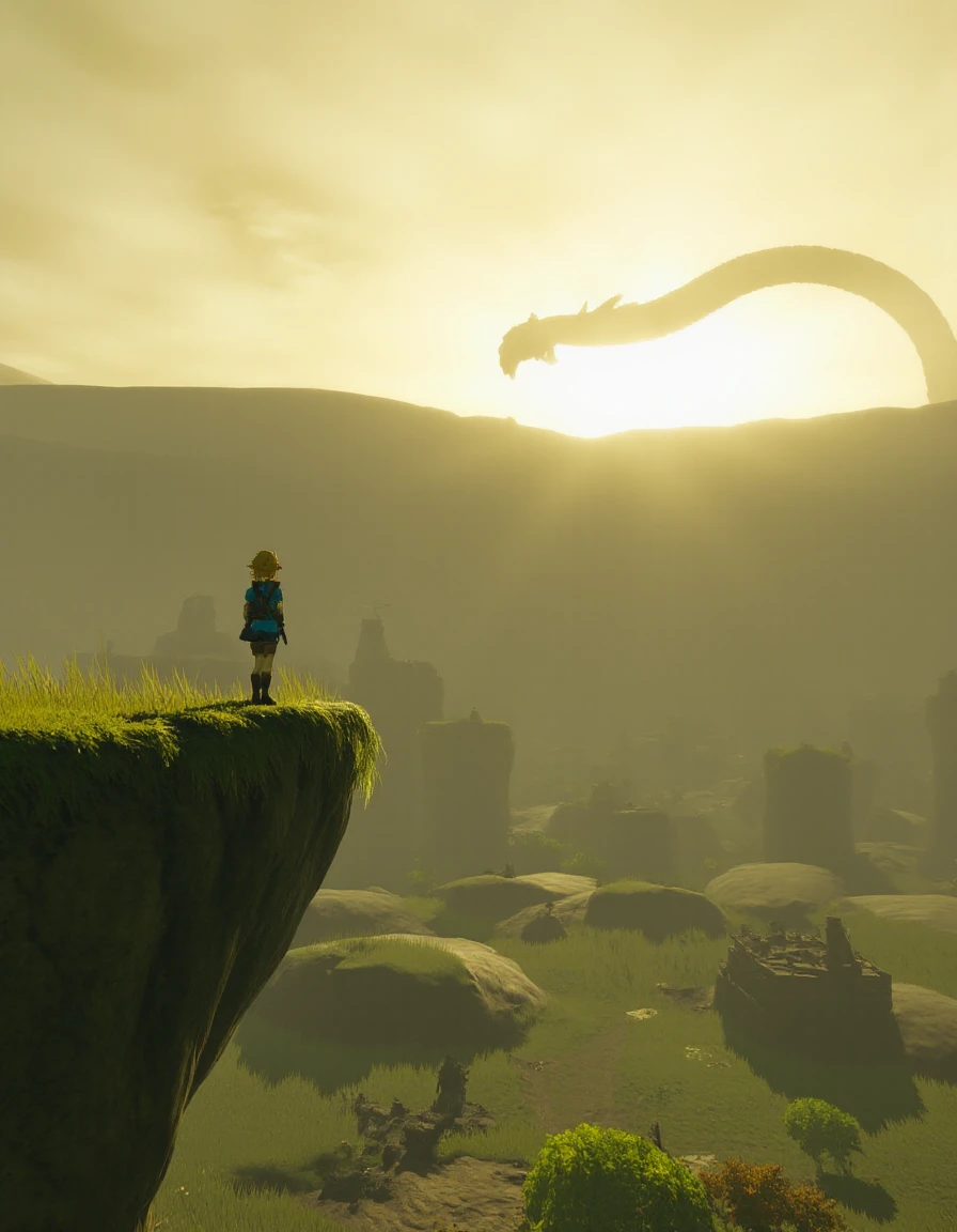 <lora:botw_flux-000015:1>,Cinematic still of a serene "Breath of the Wild" scene, featuring a lone adventurer with messy blonde hair and a blue tunic standing on a cliffside, overlooking a vast, open world filled with lush green fields, towering mountains, and distant ruins. The sun is setting, casting a golden glow across the landscape, and a light breeze rustles the grass and trees. In the distance, a dragon serpent-like figure winds gracefully through the sky. The adventurer's silhouette contrasts against the vibrant colors of the horizon, capturing the sense of exploration and freedom. In a fantasy game, open-world adventure, tranquil yet awe-inspiring atmosphere.