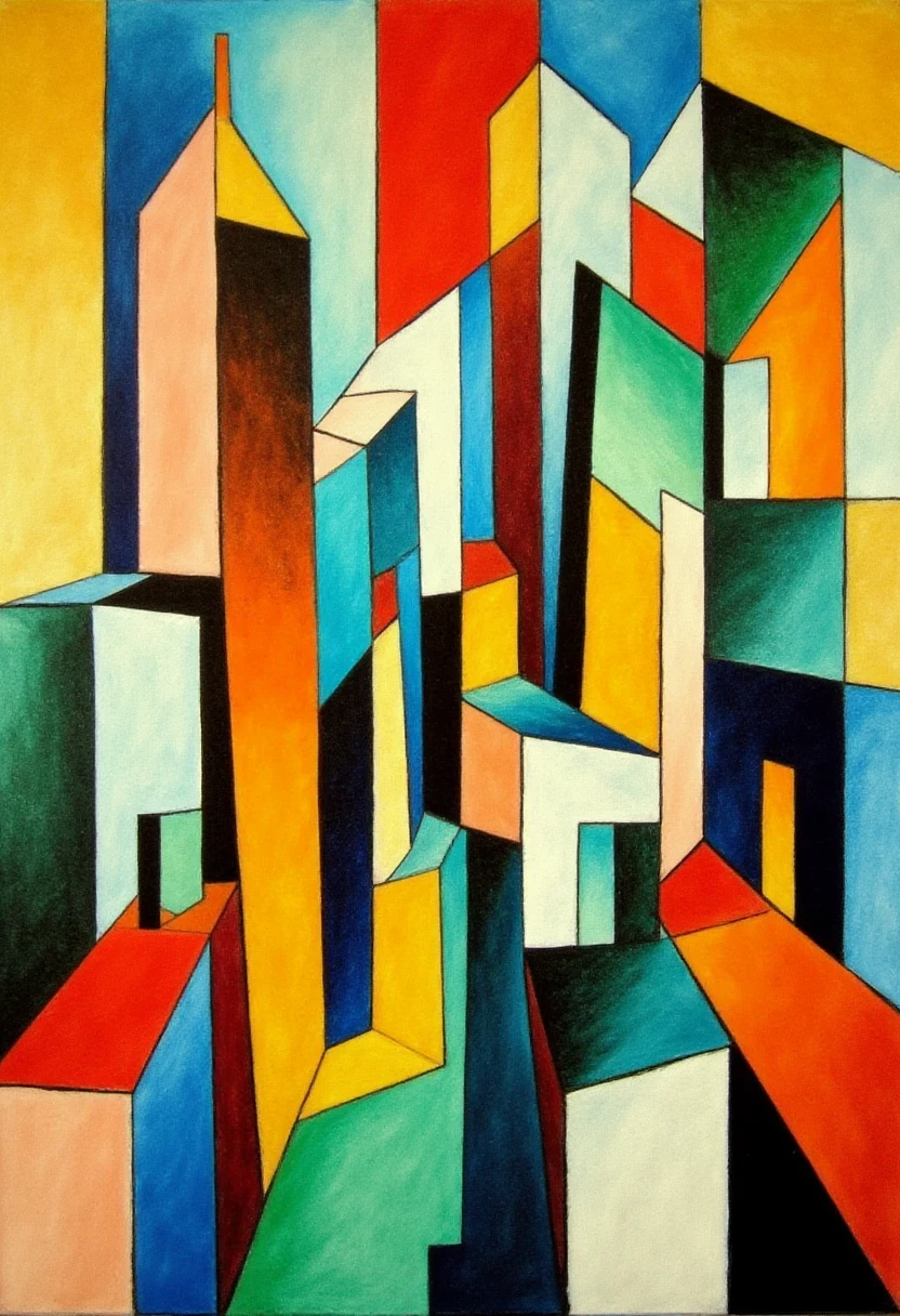 A vibrant city skyline with tall, angular buildings presented as if viewed from multiple perspectives at once. The shapes of the buildings overlap and intersect, creating a sense of depth through abstraction. Render the buildings with sharp angles and flat colors, emphasizing the fragmented reality of Cubism. The overall style should resemble classic early 20th-century Cubist paintings, such as those of Picasso or Braque. , CubismStrokes