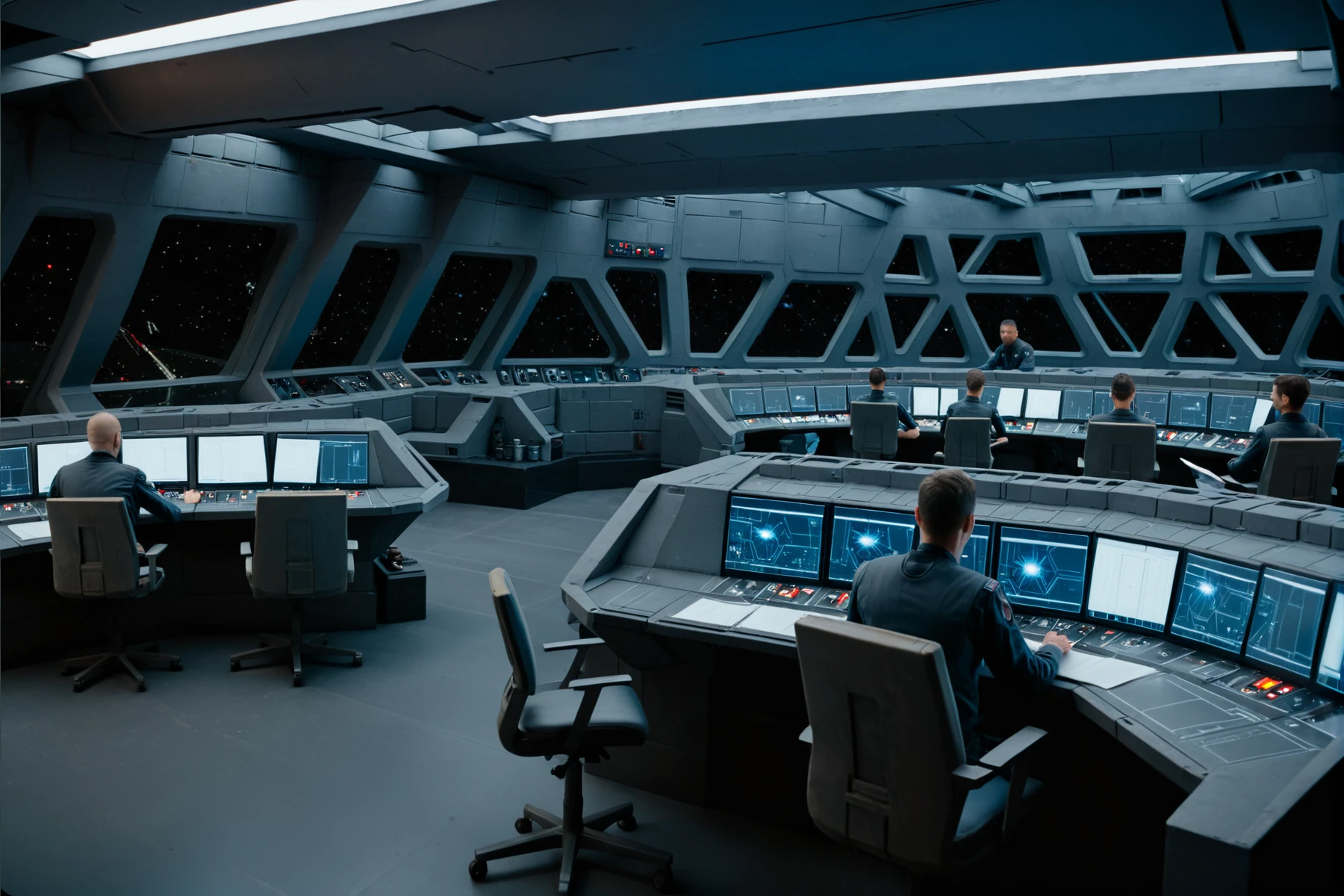 (establishing shot1.5) cinematic movie still of a Star Destroyer Interior <lora:Star_Destroyer_Interior:1> with crew members working on the bridge, science fiction, 8k resolution, sharp focus, infused with a graphic novel aesthetic, cinematic, detailed, motion picture style, realistic, sci fi style, cinematic light, perfect color, perfect scene, shallow depth of field, vignette, highly detailed, high budget, bokeh, cinemascope, moody, epic, masterpiece, <lora:Rembrandt Lighting style v2:0.6> Rembrandt Lighting style, in the dark Low-key lighting Style <lora:Low-key lighting Style:0.6>