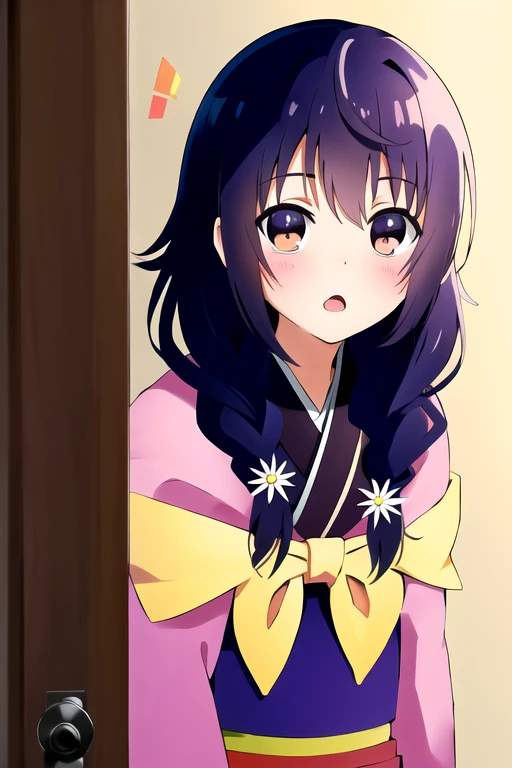 masterpiece,hires,4k,8k,hdr,Sayo,1girl, solo, long hair, looking at viewer, blush, open mouth, bangs, hair ornament, brown eyes, upper body, purple hair, braid, flower, japanese clothes, hair flower, kimono, :o, parody,<lora:Sayo_Lora:1>,