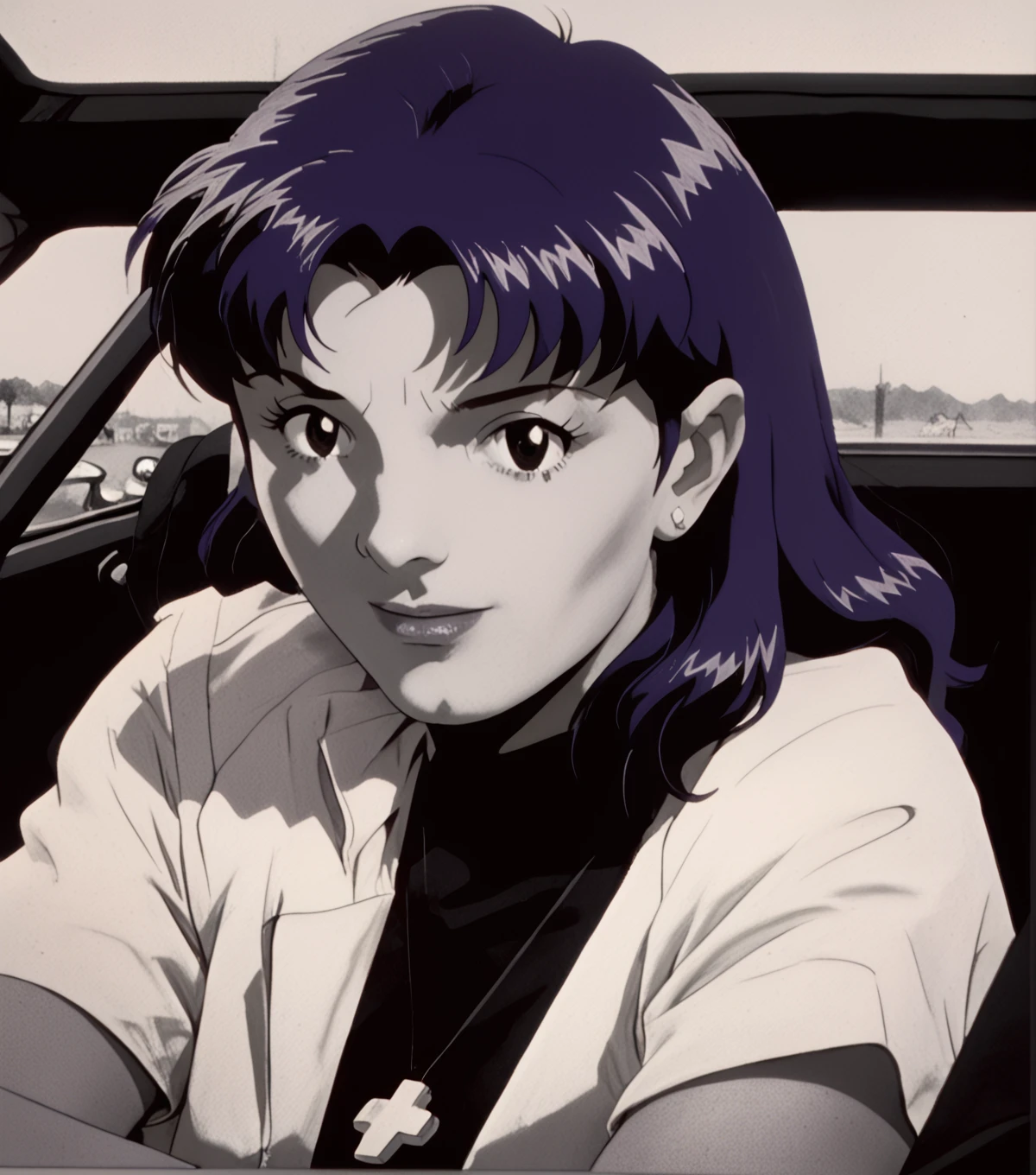 <lora:cotton_pony_v5:1> grayscale, red spot color, a cover of a jerry cotton novel,illustration \(genre\),pulp crime \(style\)  the cover of a pulp novel featuring misato katsuragi police car motor vehicle street corner crime gangster  <lora:JN_Misato_Katsuragi:1>  solo, home outfit, looking at viewer, score_9, score_6_up, score_7_up