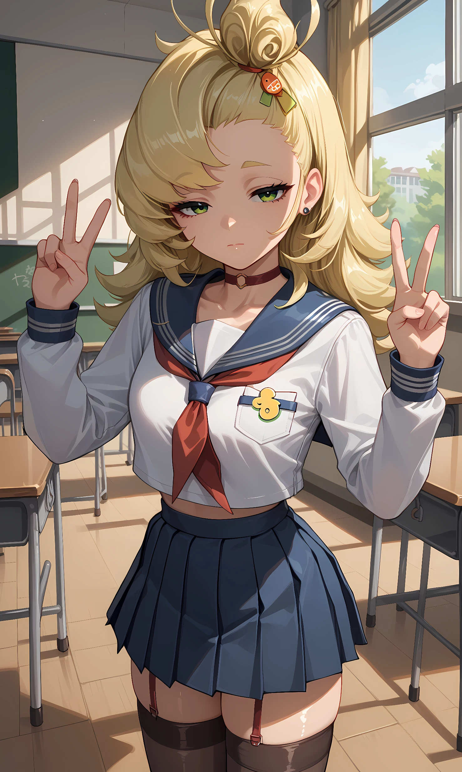 score_9, score_8_up, score_7_up, source_anime, 1girl, solo, indoors, classroom, cowboy shot, standing, looking at viewer, shiny skin, piper, green eyes, blonde hair, long hair, hair ornament, earrings, jewelry, choker, school uniform, long sleeves, serafuku, neckerchief, skirt, pleated skirt, stockings, closed mouth, half-closed eyes, from above, peace sign