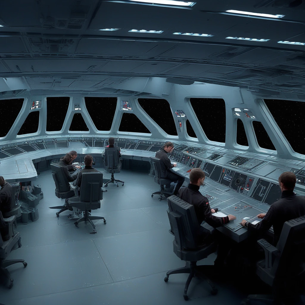 Star Destroyer Interior with crew members working on the bridge.