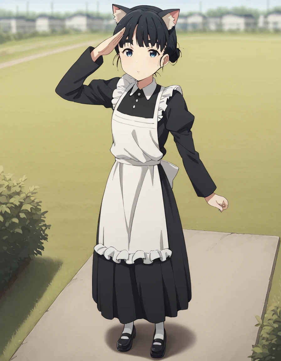 score_9, score_8_up, score_7_up, source_anime, BREAK
1girl, solo focus, looking at viewer, blurry background, standing, from above, full body, salute, school, outdoors, hands above eyes, sunny, day, grass,
tiara basori, black hair, short hair, (thick eyebrows:0.6), blue eyes, hair bun,
maid costume, cat ears, black dress, white collar, frills, white apron, juliet sleeves, long sleeves, white socks, black footwear
<lora:tiara_basori_anime_v2-soralz:1>