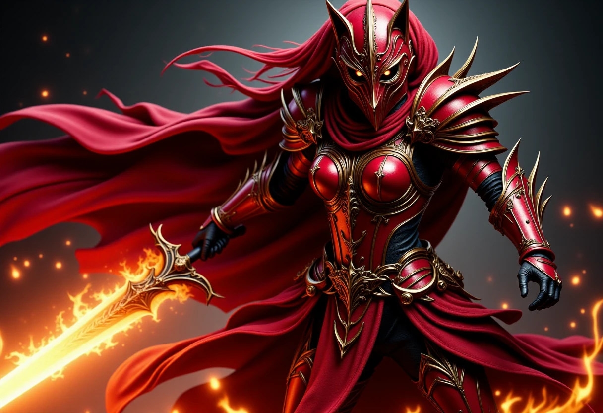 a brooding and menacing female flux_dk in full red metal armor with a red metal wolf helmet covering her face, with gold etchings, in a dynamic pose, holding a fantasy flaming sword <lora:ImageUpgraderV2:0.5>  <lora:Dark_Knights_Flux-000001:1>