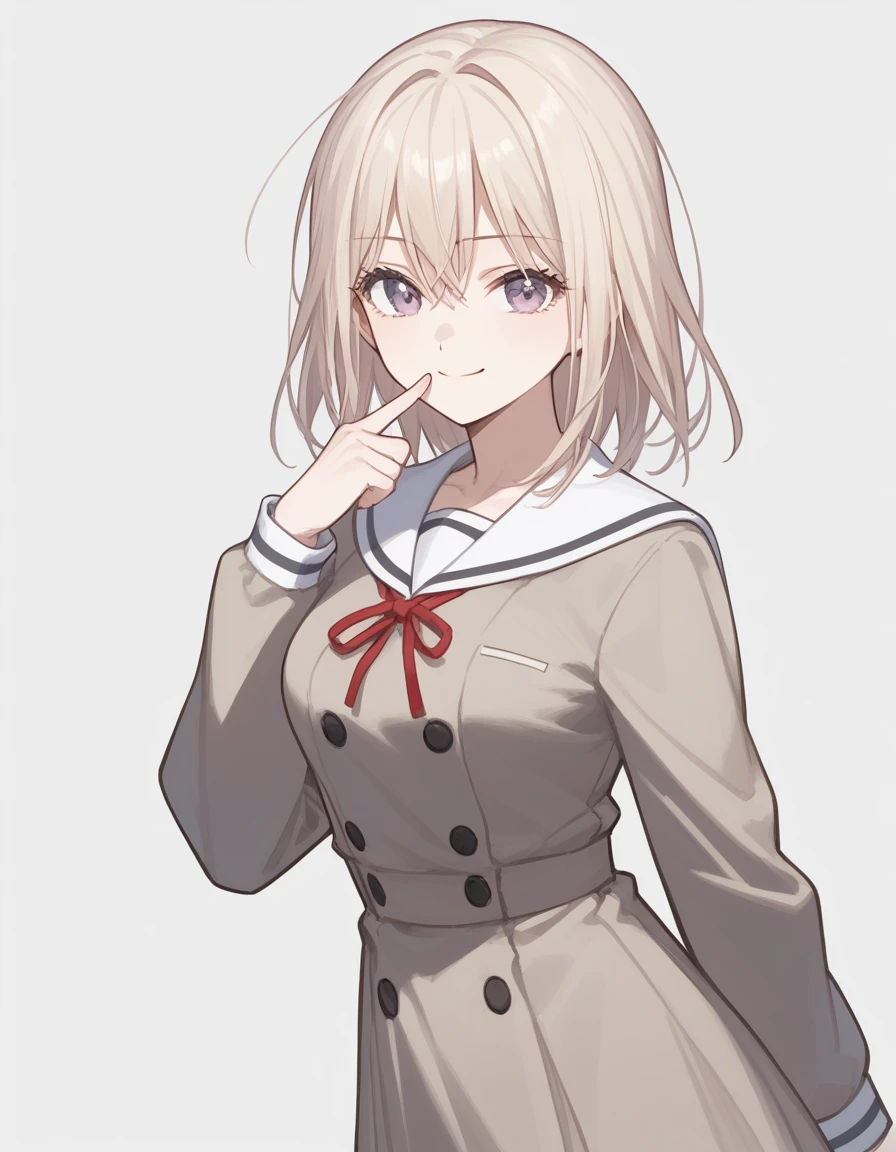 misumi uika, 1girl, solo, <lora:misumi_uika_PonyXL:1>, medium breasts, cowboy shot, grey background, hanasakigawa school uniform, red neck ribbon, long sleeves, sailor dress, brown dress, white sailor collar, double-breasted, finger to mouth, smile, closed mouth,, score_9, score_8_up, score_7_up