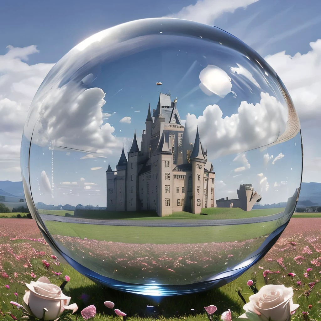 masterpiece, best quality, intricate photo,  floating one meter over a field of roses ((glass sphere with castle)), Background lowland meadows with blue cloudy sky, hyper realistic, highly detailed, sharp focus, high resolution, 8K, <lora:GlassSphere:0.7>