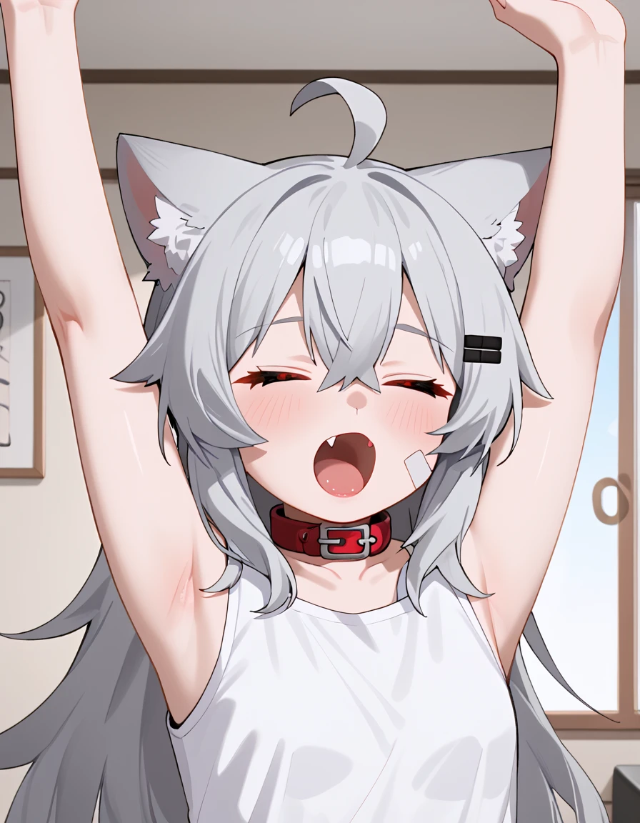 1girl, ooriru, red eyes, hairclip, animal collar, white bandaid, bandair on cheek, sleeveless, white shirt, closed eyes, open mouth, fang,  upper body, arms up, stretching, yawning,  indoors, bedroom  <lora:ooriru-pdxl-v4:0.7>