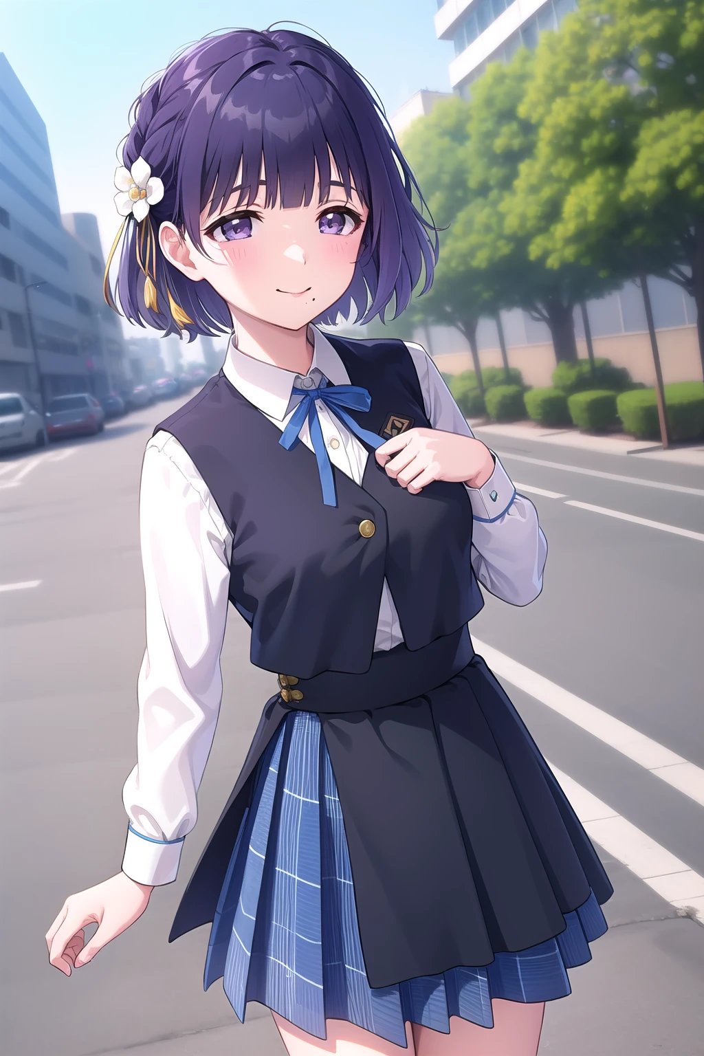 (masterpiece, best quality), highly detailed background, perfect lightingbest quality, hatayamisuzu, solo, outdoors, city, nature, purple hair, blunt bangs, flower hair ornament, hair yellow ribbon, braid, short hair, grey eyes, mole under mouth, medium breasts, black vest, neck ribbon, blue ribbon, buttons, collared shirt, white shirt, long sleeves, (right hand on own chest:1.1, high-waist skirt, black skirt, pleated skirt, blue skirt, plaid skirt, school uniform, smile, closed mouth, :), <lora:Hataya-Misuzu:0.7>