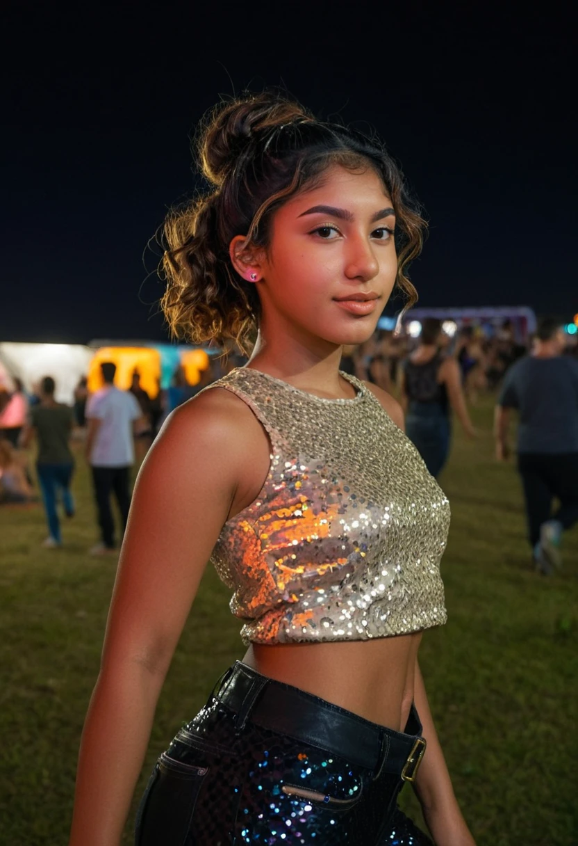 A photograph of (1girl, 21 years old,  slight smile, <lora:ZH_IsaFerreira_v1SDXL:1>, zh_isaferreira, solo, long hair, realistic, brown hair, looking at viewer, brown eyes) ((hair updo)) wearing (sequin top and designer pants)