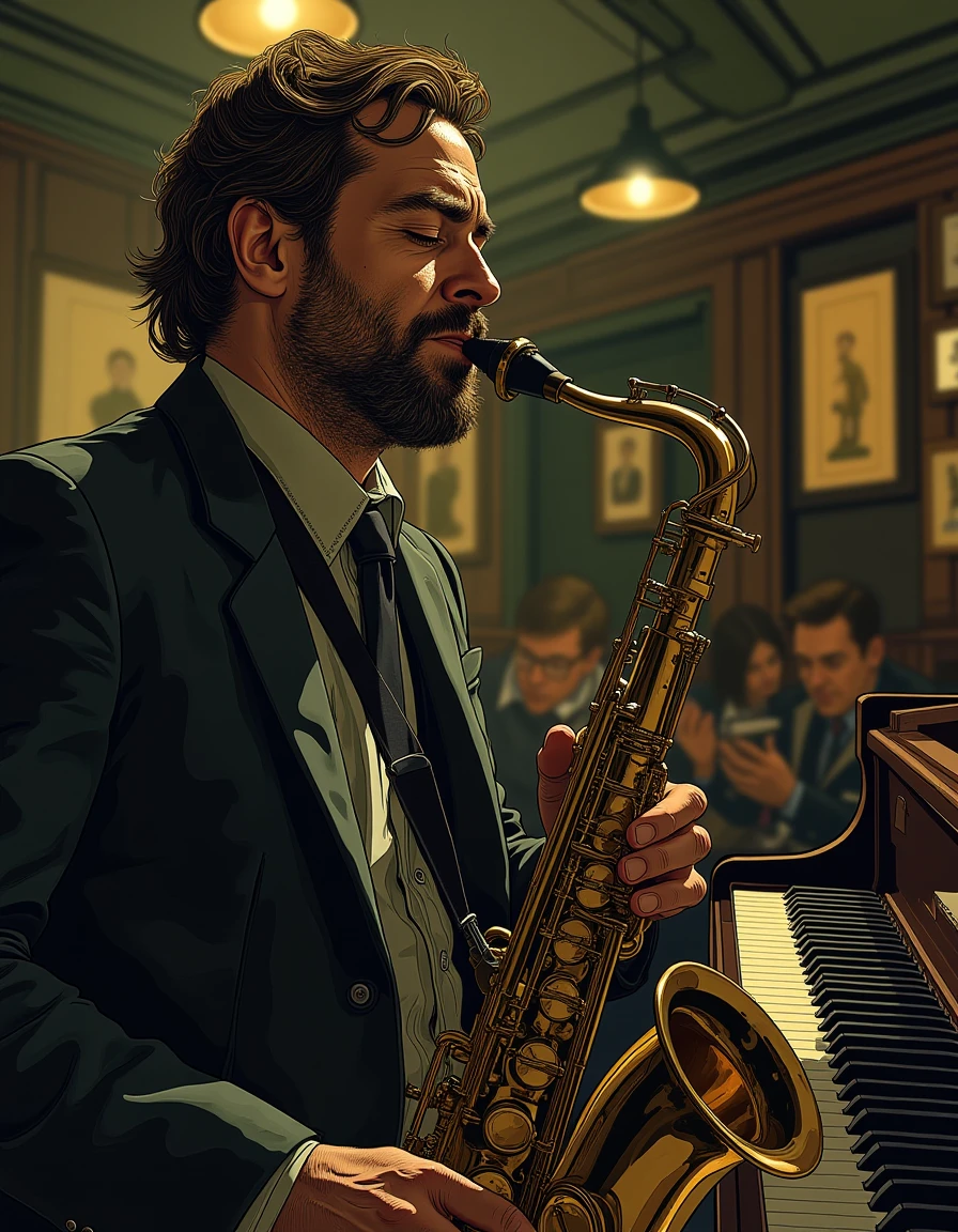 f4nt4st1c A jazz musician in a sharp suit plays a saxophone on a dimly lit stage, his eyes closed as he loses himself in the music. The smoky room is filled with the soft murmur of the audience, entranced by the soulful melody. His fingers dance across the keys with effortless grace
<lora:fantastic-realism:0.9>