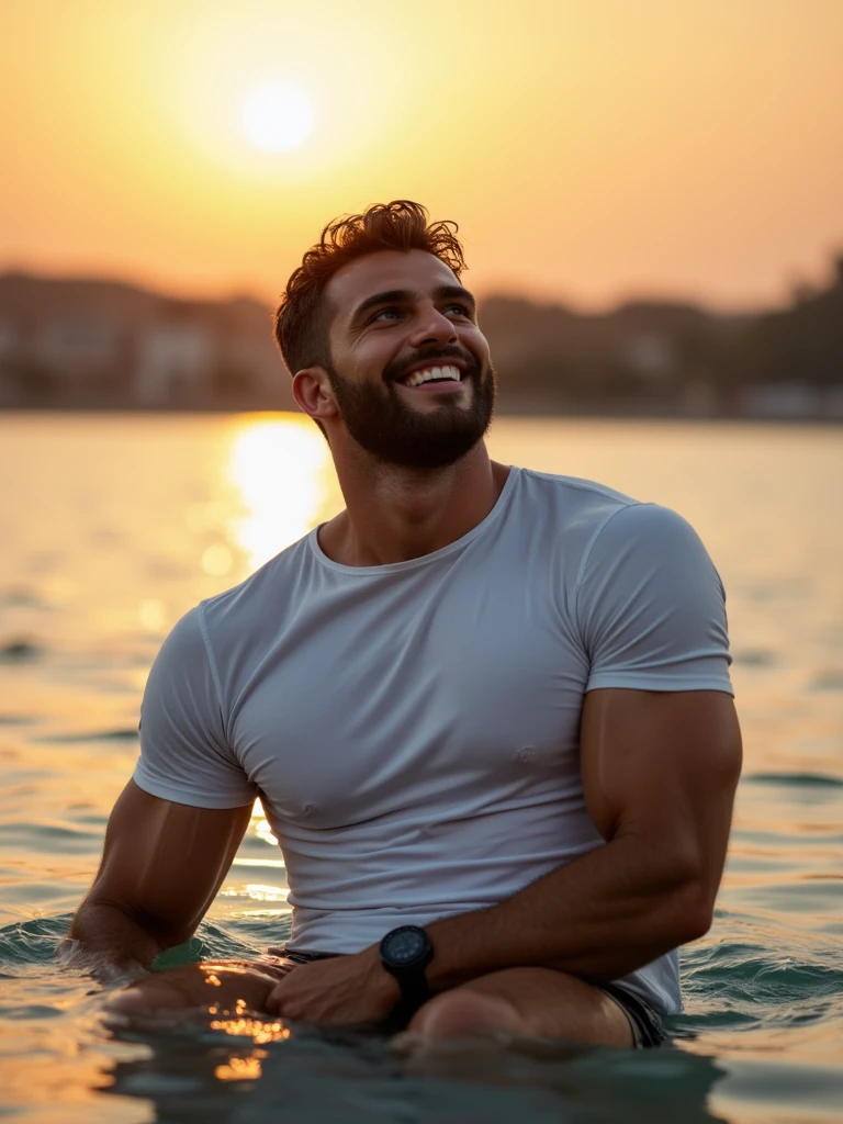 Sercan, He is an attractive man and is muscular. He is very seductive and erotic. He sits with white wet t-shirt in a lagoon and looks up. he is laughing very seductive. His strong muscles are tense and his muscular, robust body shines in the sunset. he leaning back