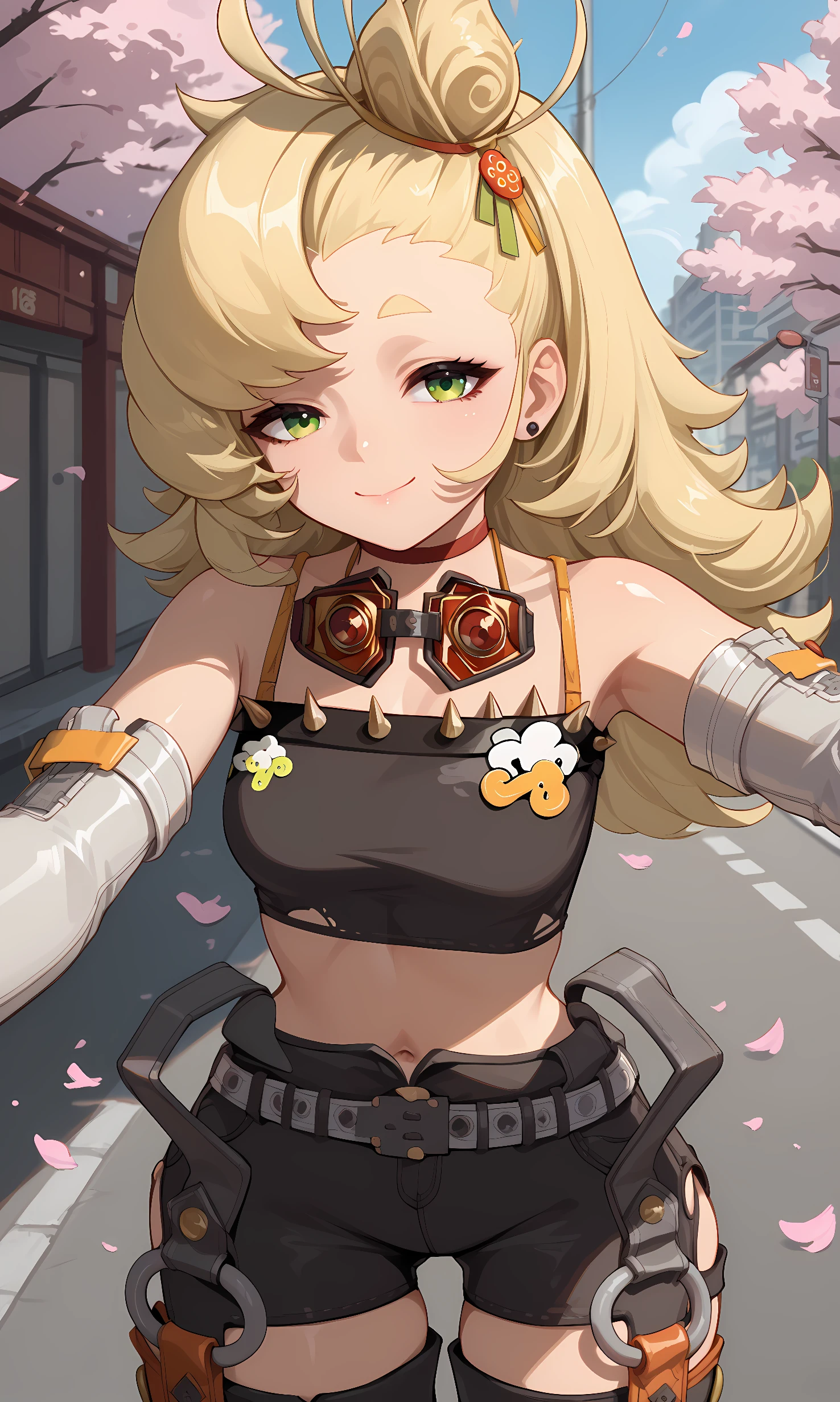  score_9, score_8_up, score_7_up, source_anime, 1girl, solo, outdoors, street, cherry blossoms, cowboy shot, standing, looking at viewer, shiny skin, piper, green eyes, blonde hair, long hair, hair ornament, earrings, jewelry, choker, goggles around neck, bare shoulders, black crop top, midriff, navel, detached sleeves, orange gloves, belt, black shorts, short shorts, orange pants, detached pants, leaning forward, reaching out, selfie, smile, closed mouth