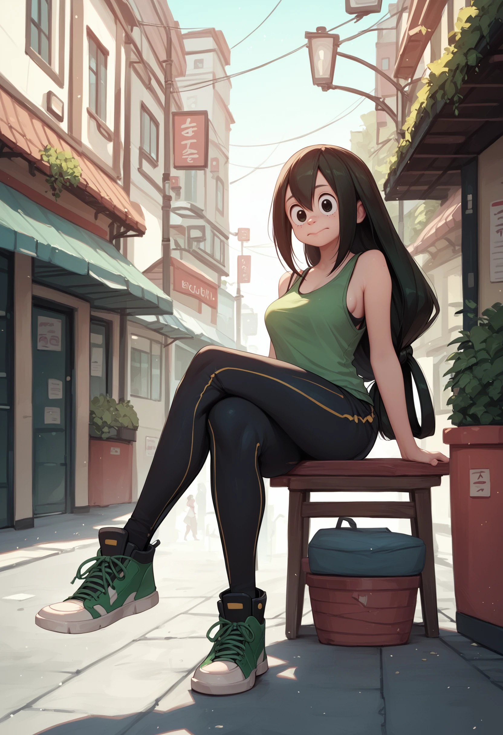 zPDXL3, score_9, score_8_up, score_7_up, score_6_up, score_5_up, score_4_up, 
1girl, solo, medium breasts, 
disdain, crossed legs,
tank top, miniskirt,
street,
<lora:MHA - Asui Tsuyu v1:1> mhatsuyu,