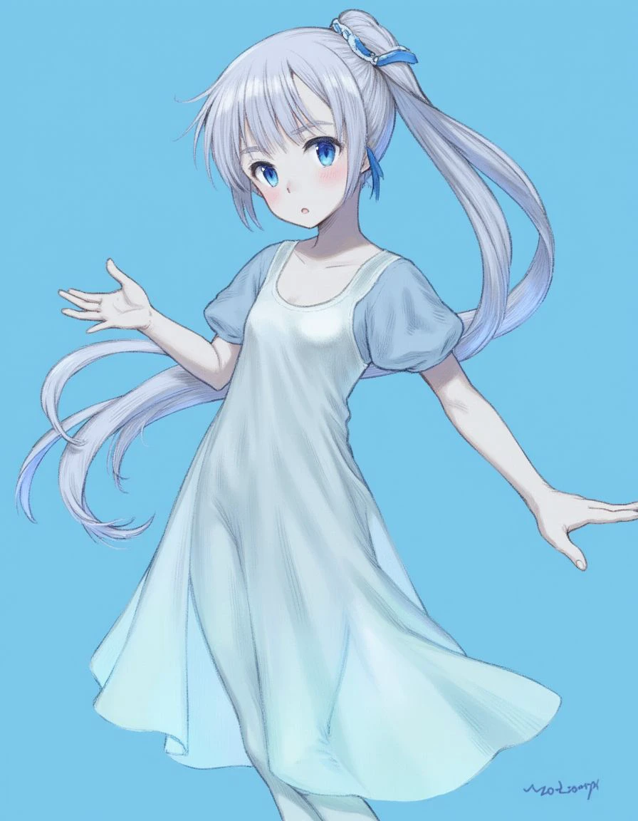 A slender girl with soft, pale blue skin and long, silver hair that flows like water. Her bright blue eyes shimmer, and she wears a flowing gown made of translucent silk.
<lora:Fabula_Ultima Character_Art_Style_epoch_7:0.9>,