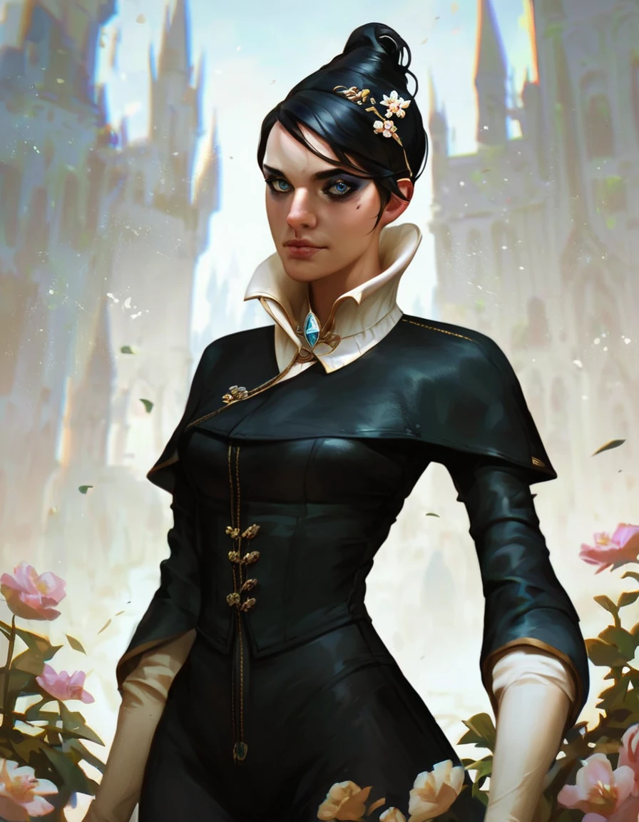 <lora:dishonored_xr_jessamine_v1.0b:1> score_9, score_8_up, score_7_up, jessamine, a woman in a black suit with a white collar, holds a flower in a castle, makeup, hair bun, long hair, narrow waist, looks at the viewer, dynamic ankle, cowboy shot, dynamic pose, cute, wide frame, realistic,