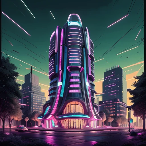 smref --3, The image shows a futuristic city at night, illuminated by street lights and surrounded by trees and buildings. The sky is visible in the background., outdoors, sky, cloud, tree, no_humans, night, building, night_sky, scenery, reflection, city, lamppost, <lora:PopArchv2:1>