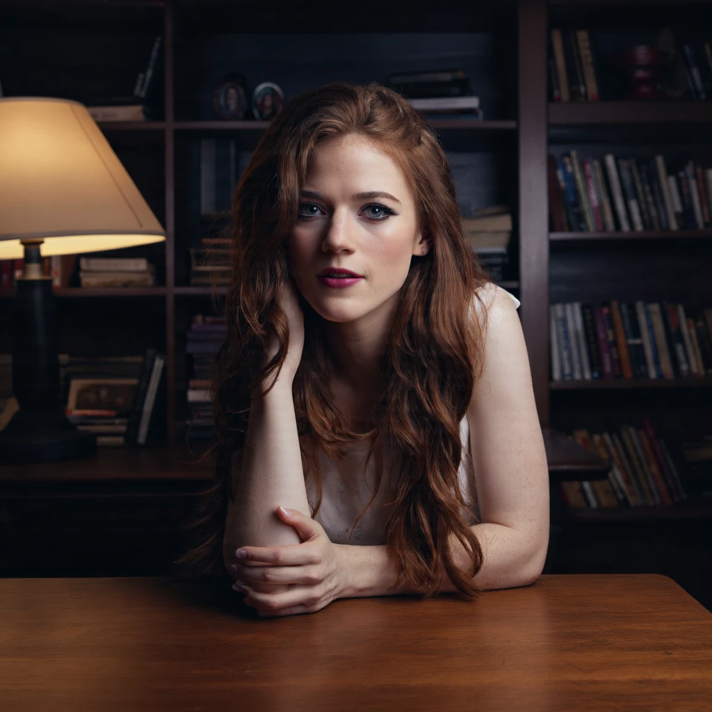 A portrait of rose_leslie in a dimly lit room. She leans on a wooden table, her hand resting on her chin. Her long, wavy hair flows down her back. She wears a white sleeveless top and her makeup is dramatic, with dark eyeliner and mascara. The background shows a bookshelf filled with books and a lamp with a lampshade. The image conveys a mood of introspection and contemplation.