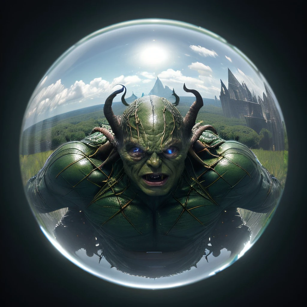 masterpiece, best quality, intricate photo, floating one meter over ground (glass sphere with green goblin), Background swamp blue cloudy sky, hyper realistic, highly detailed, sharp focus, high resolution, 8K, <lora:GlassSphere:0.4>