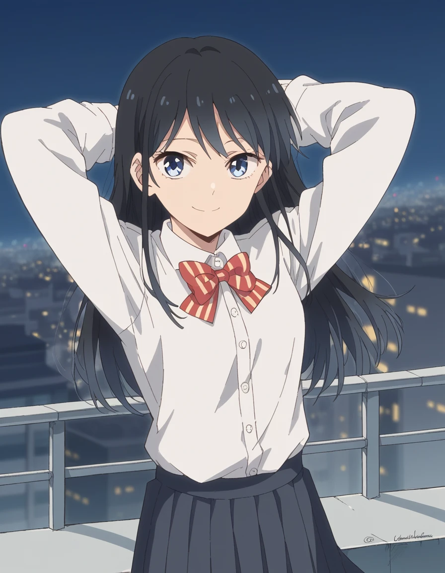 score_9, score_8_up, score_7_up, source_anime, <lora:rin-nanakura-s1-ponyxl-lora-nochekaiser:1>, rin nanakura, long hair, bangs, black hair, blue eyes,, skirt, shirt, long sleeves, bow, school uniform, white shirt, pleated skirt, striped, bowtie, striped bow, striped bowtie,, city skyline, rooftop view, night time, city lights, quiet reflection, , looking at viewer, hands behind head, smile,, solo,, cowboy shot, dutch angle